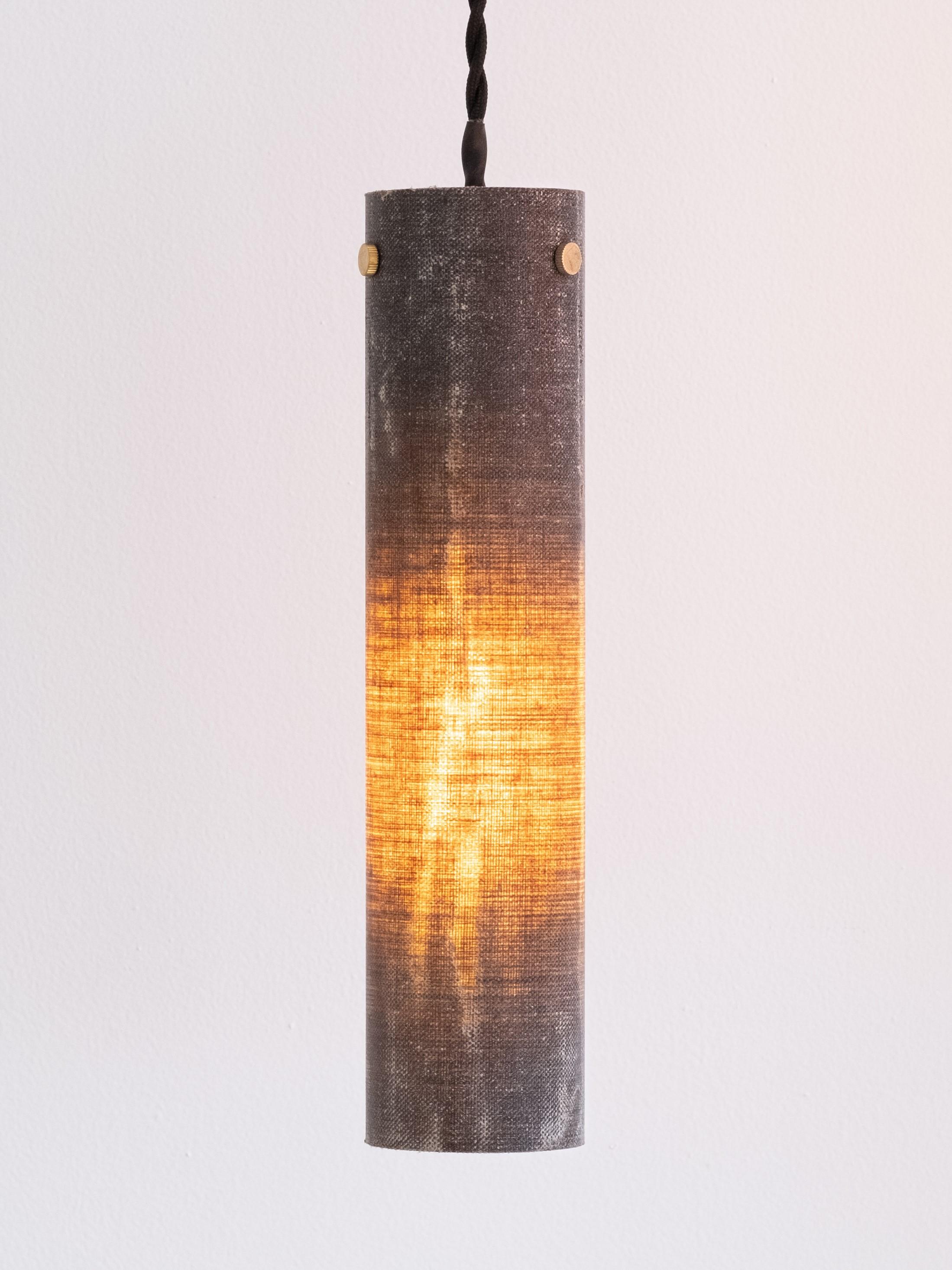Modern Handmade Sml Pendant Linen Micarta Shade w/ Black Canopy by Mutuus Studio For Sale 1