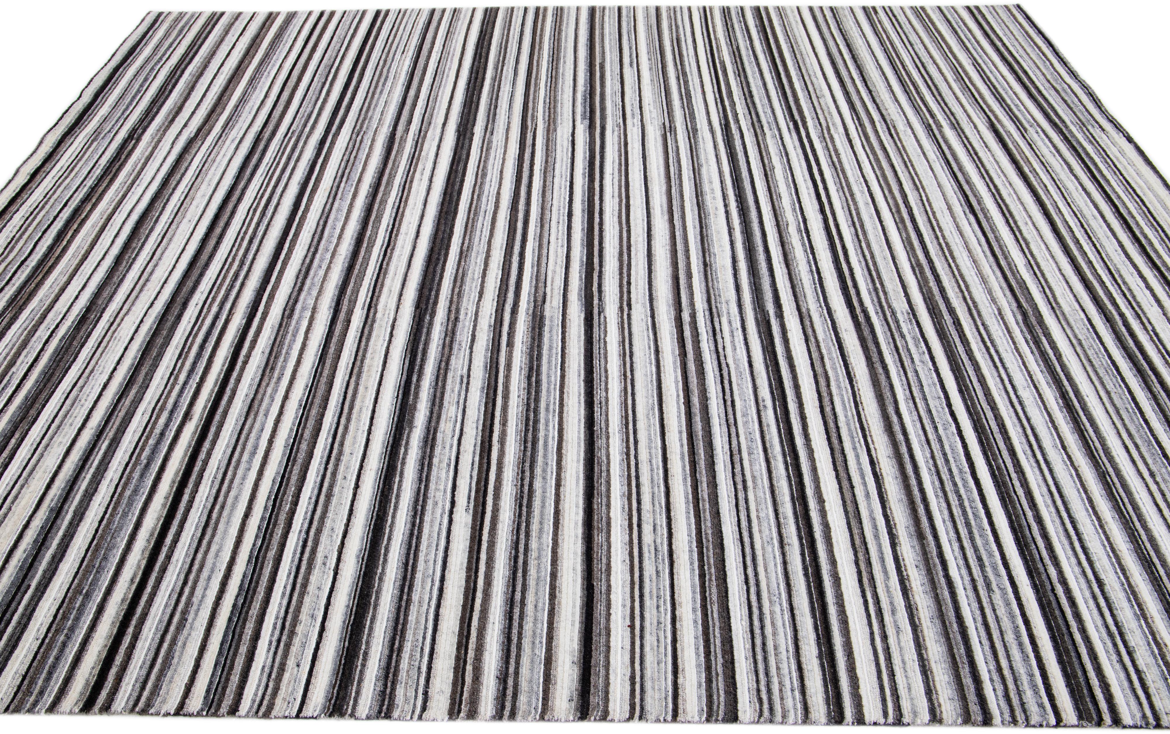 Hand-Woven Modern Handmade Striped Wool Rug in Ivory and Brown For Sale