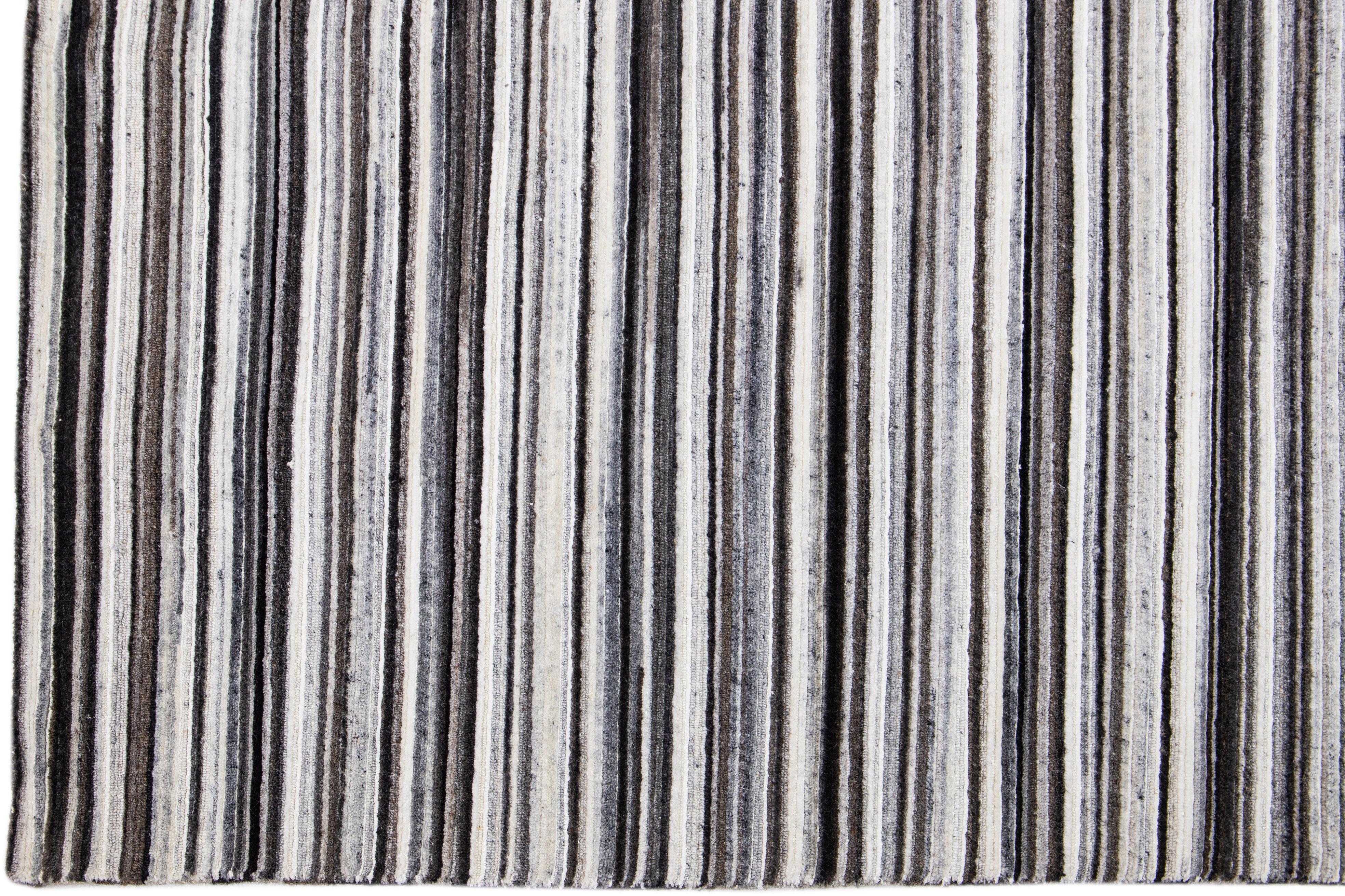 Modern Handmade Striped Wool Rug in Ivory and Brown In New Condition For Sale In Norwalk, CT