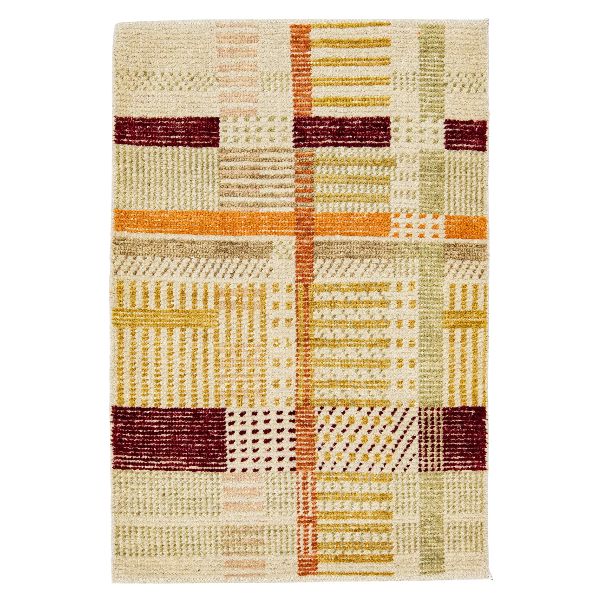 Modern Handmade structured plaid Beige Custom Wool Rug For Sale