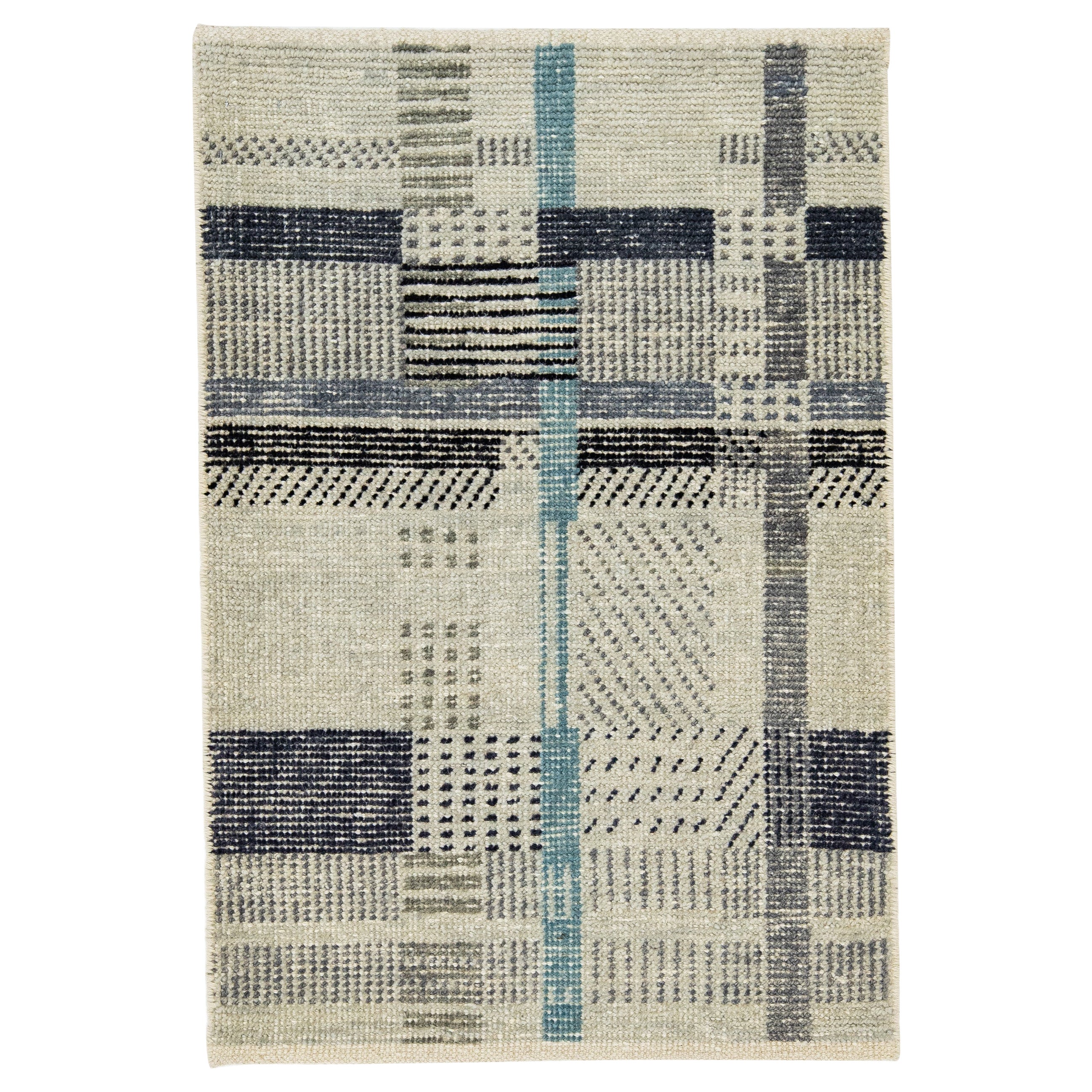 Modern Handmade Structured Plaid Custom Gray Wool Rug