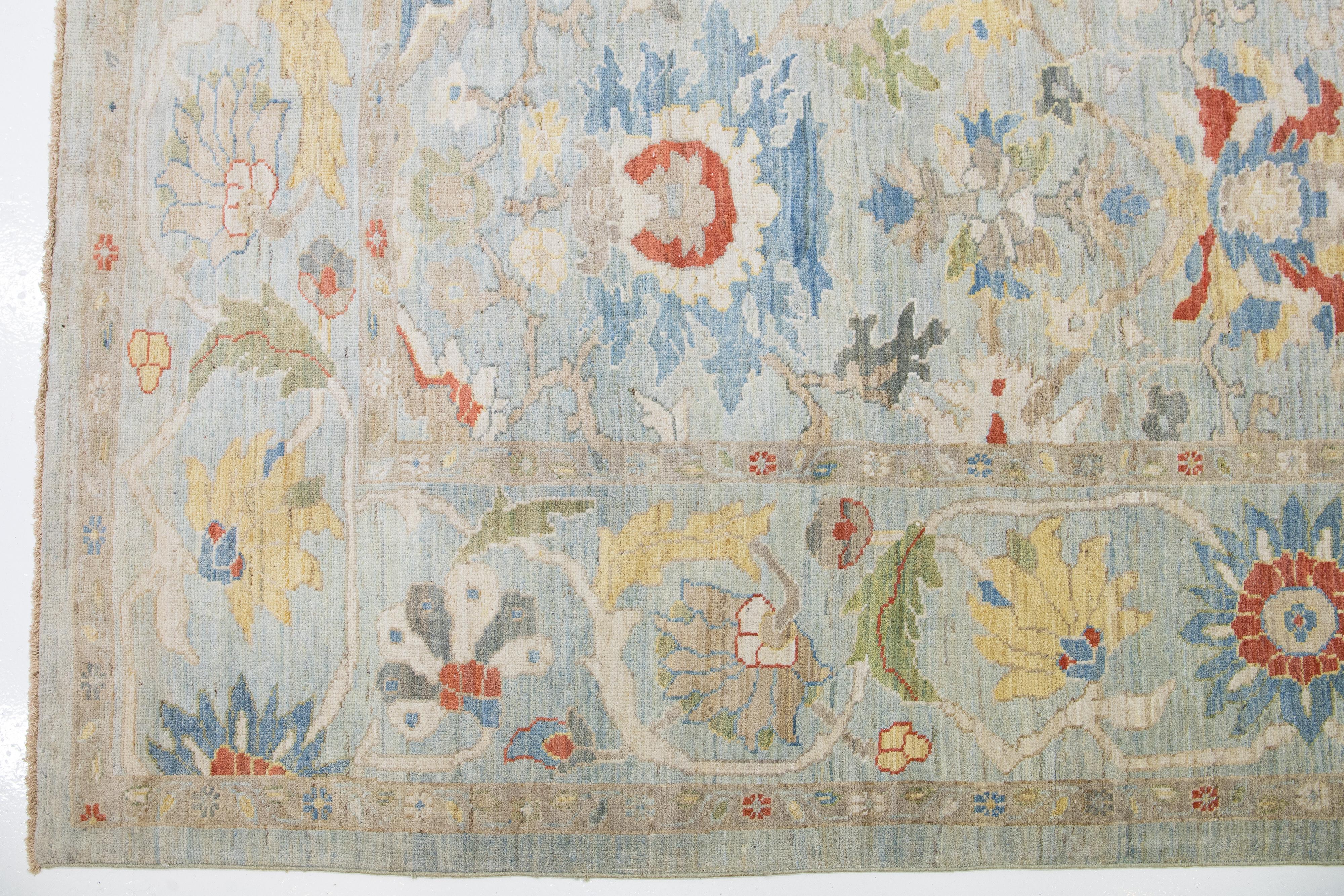Moderner handgefertigter Sultanabad-Wollteppich mit Allover-Muster in Hellblau im Angebot 3
