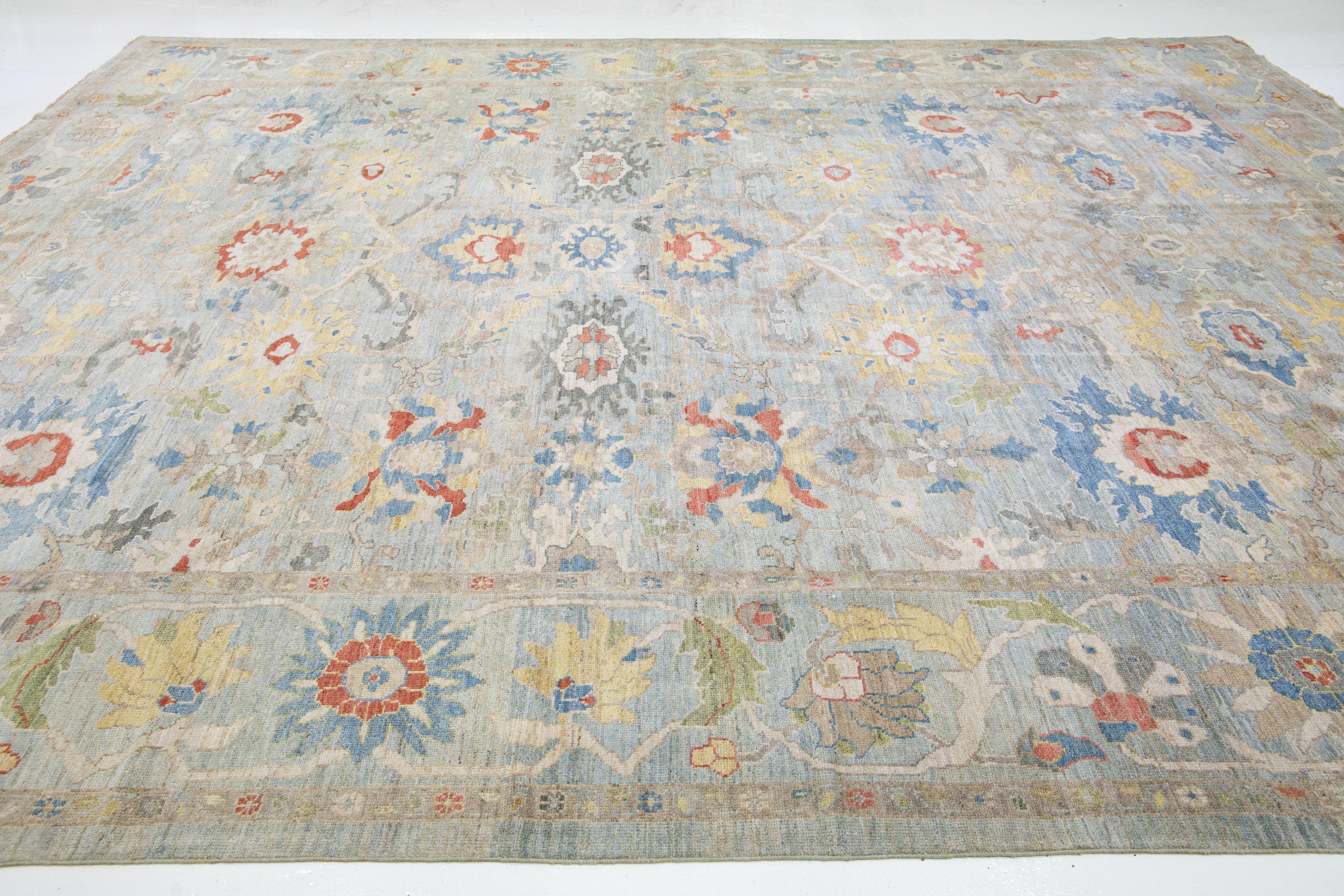 Moderner handgefertigter Sultanabad-Wollteppich mit Allover-Muster in Hellblau im Angebot 4