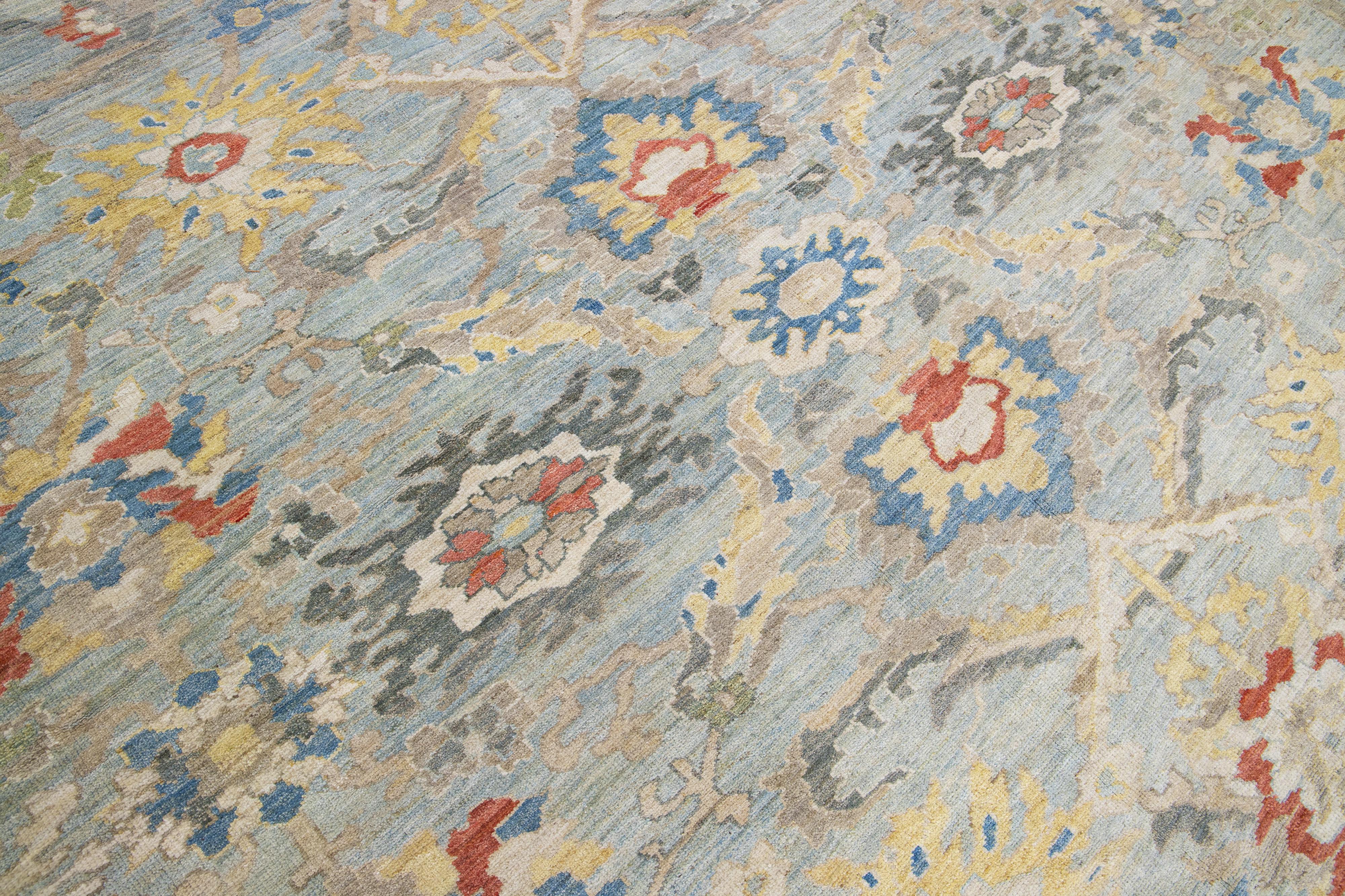 Moderner handgefertigter Sultanabad-Wollteppich mit Allover-Muster in Hellblau im Angebot 5