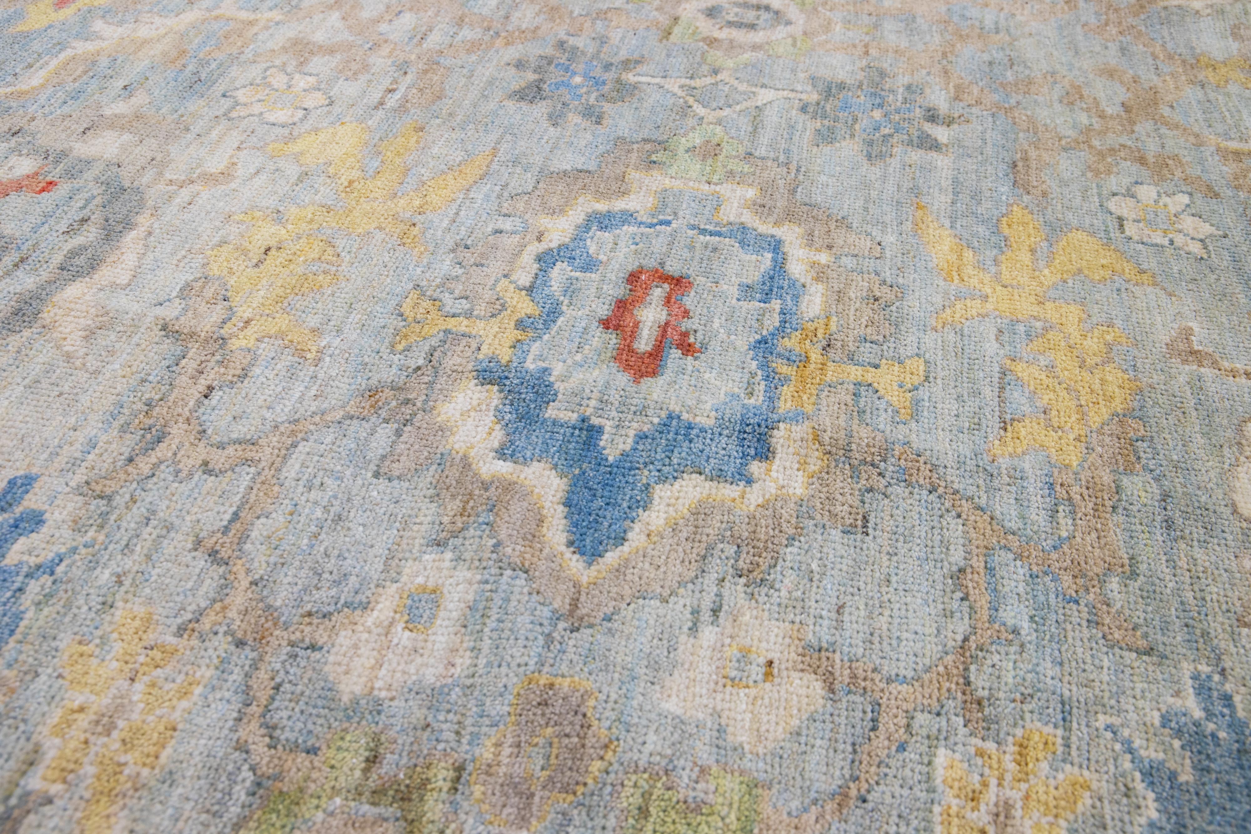 Moderner handgefertigter Sultanabad-Wollteppich mit Allover-Muster in Hellblau im Angebot 2