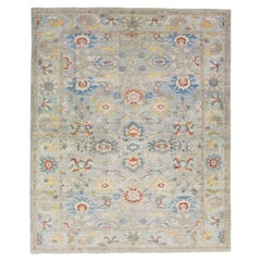 Tappeto moderno fatto a mano in lana Sultanabad Rugs con motivo a trifoglio in azzurro