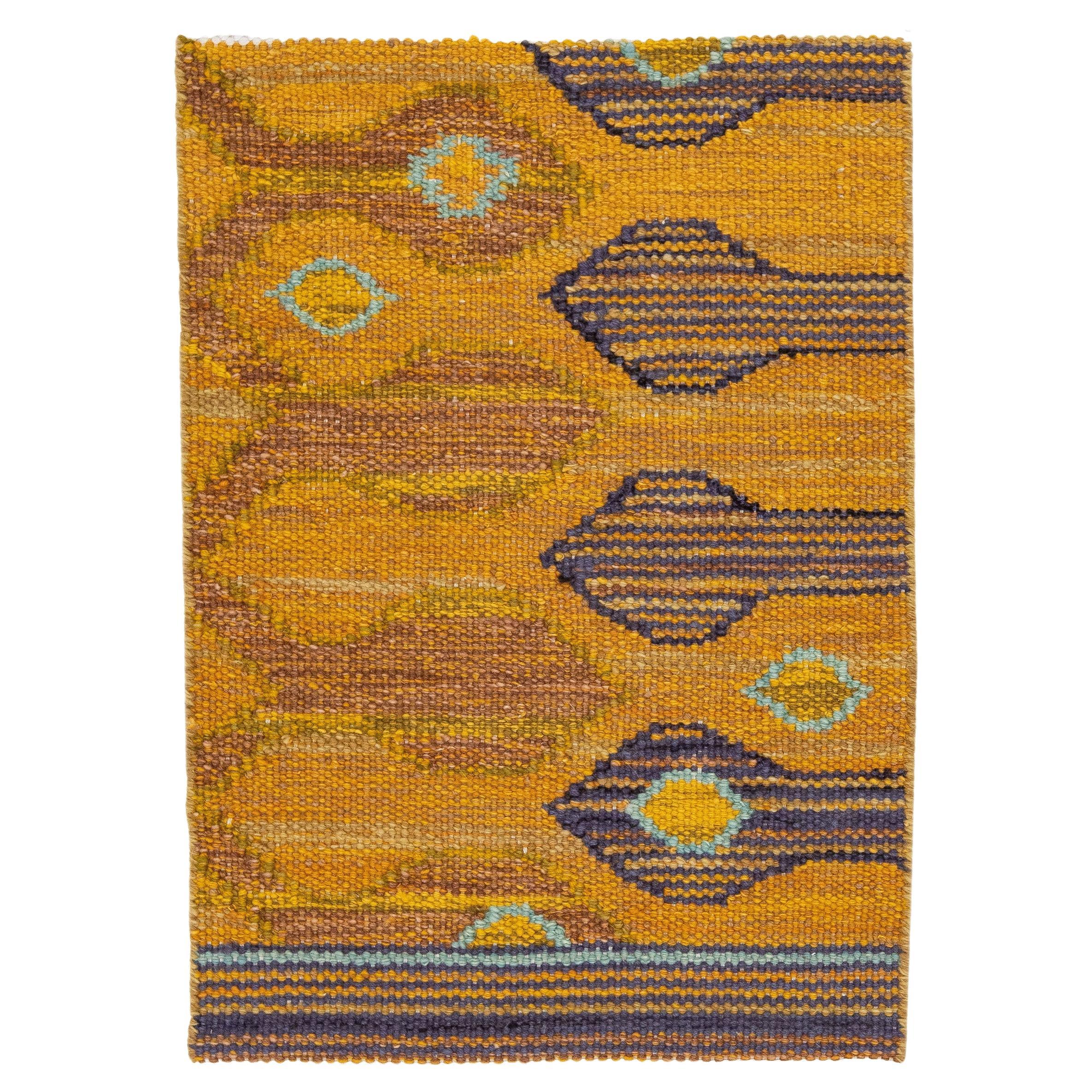 Modern Handmade Swedish Style Custom Gold Wool Rug