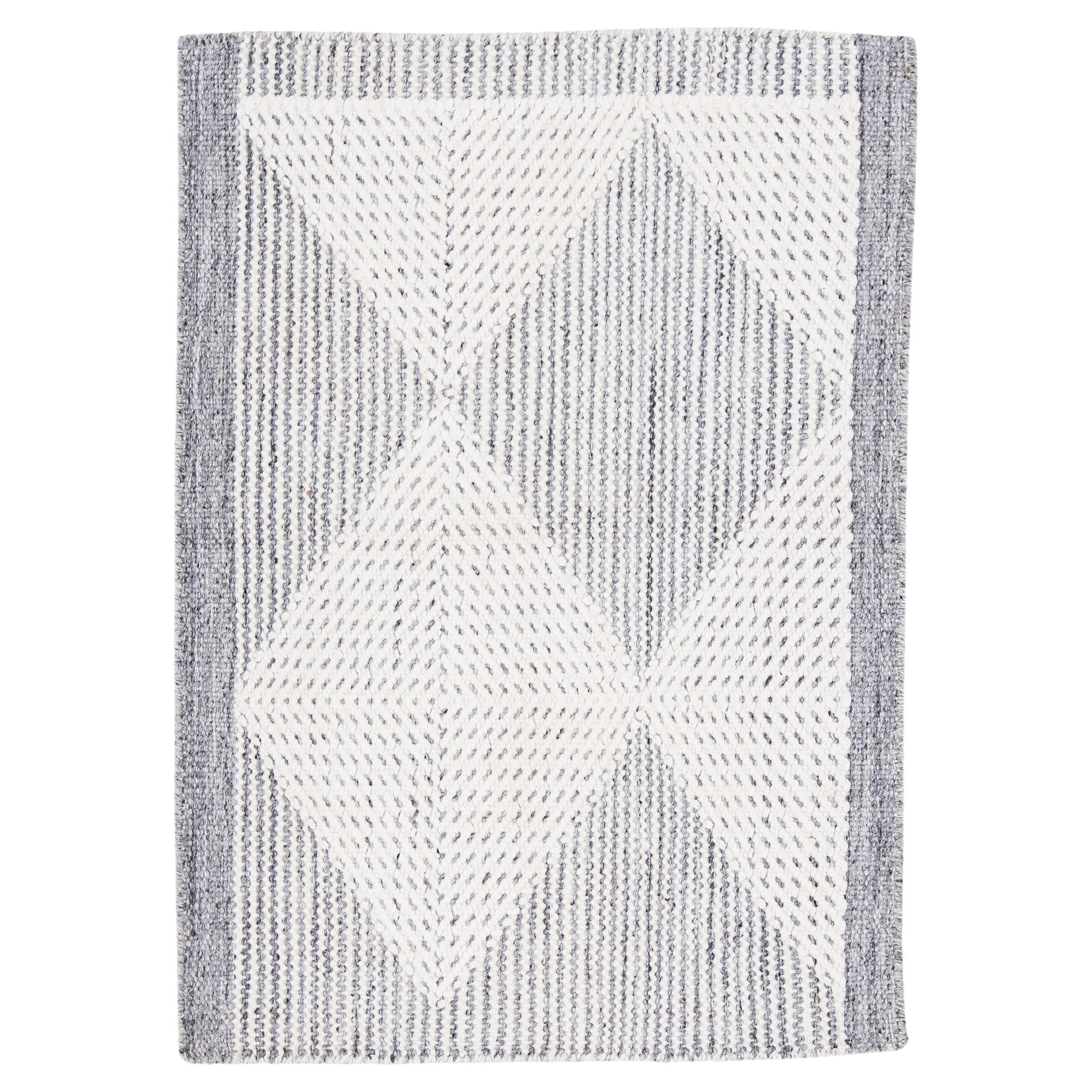 Modern Handmade Swedish Style Custom Grey Wool Rug For Sale