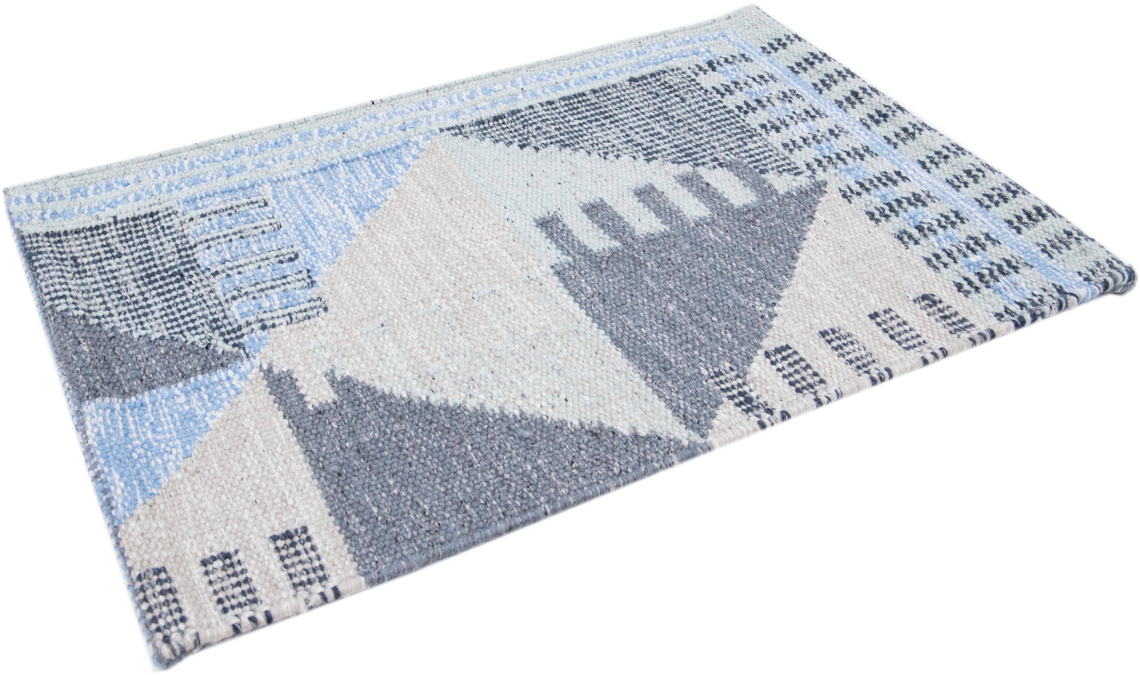 Modern Handmade Swedish Style Gray Custom Wool Rug In Distressed Condition For Sale In Norwalk, CT