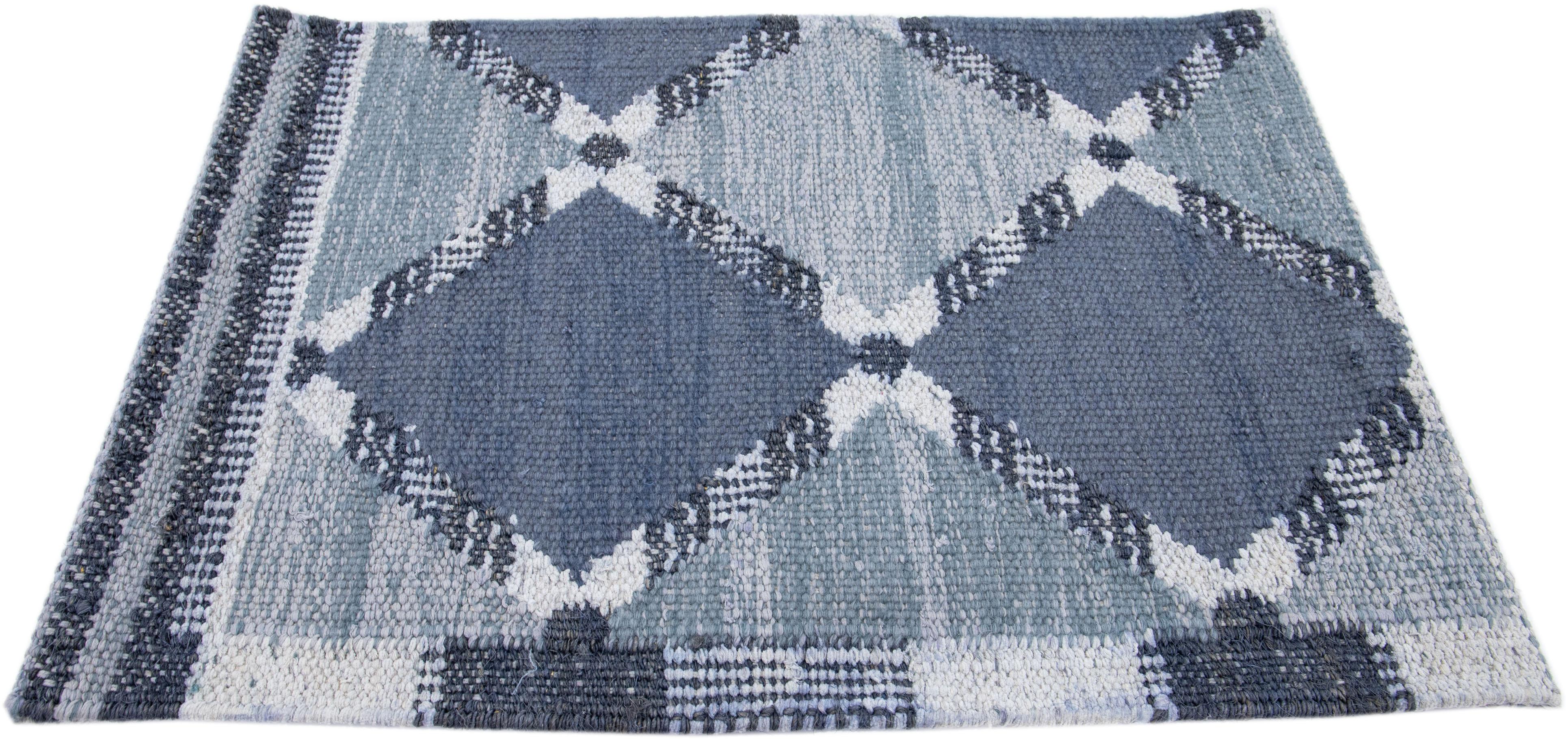 Indian Modern Handmade Swedish Style Navy Blue Custom Wool Rug For Sale