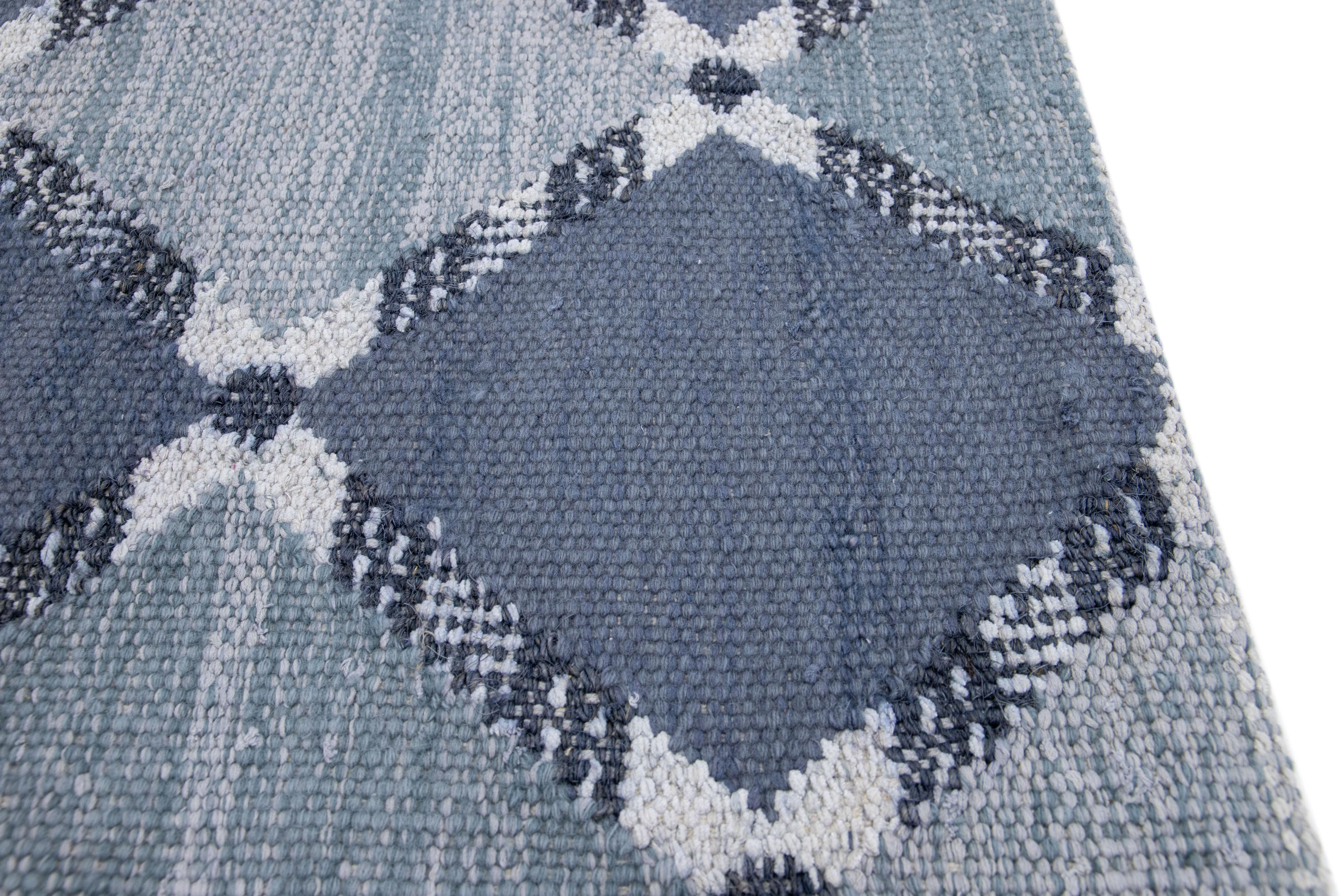 Hand-Knotted Modern Handmade Swedish Style Navy Blue Custom Wool Rug For Sale