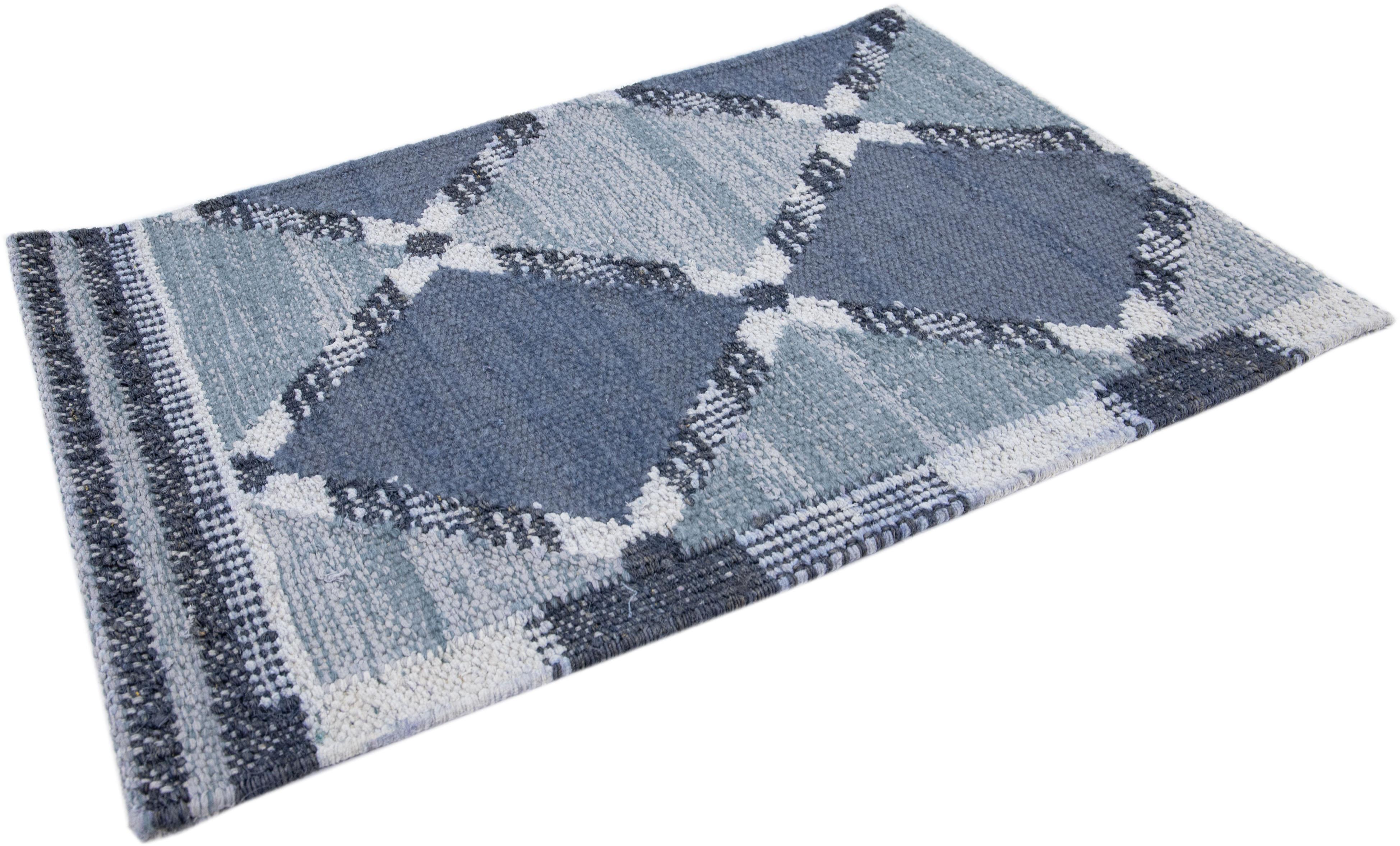 Modern Handmade Swedish Style Navy Blue Custom Wool Rug In Distressed Condition For Sale In Norwalk, CT