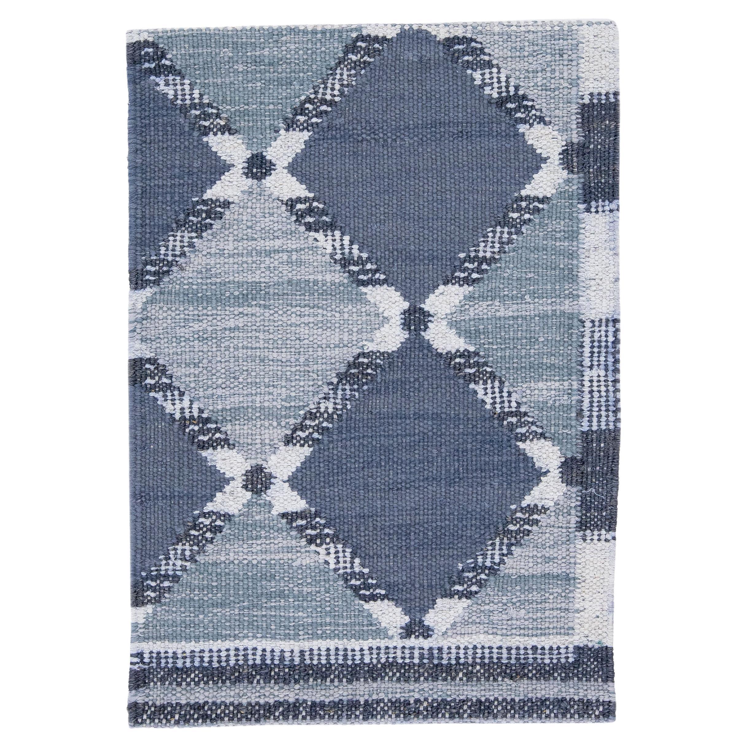 Modern Handmade Swedish Style Navy Blue Custom Wool Rug For Sale