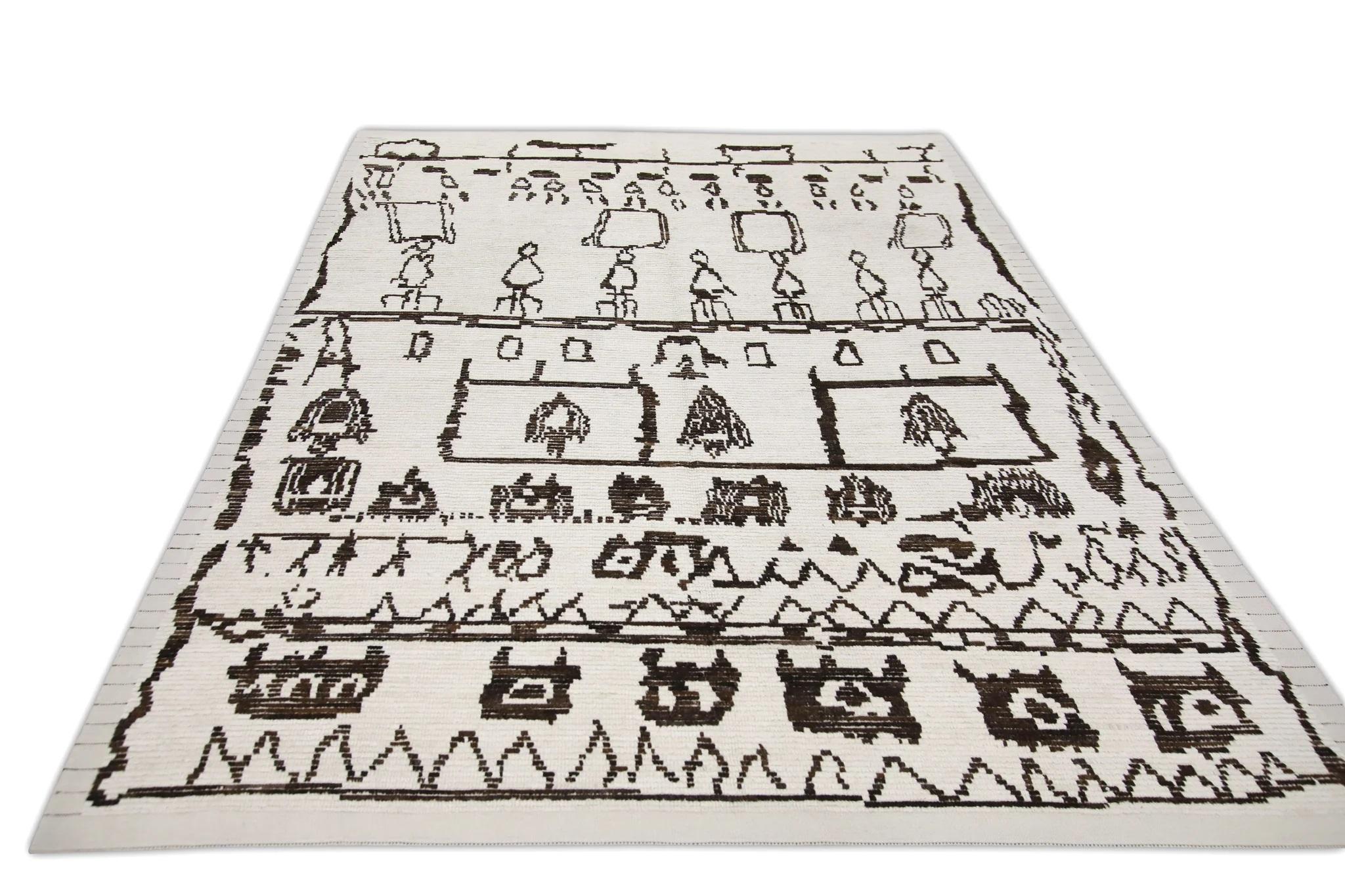 Moderner handgefertigter Tulu-Teppich aus weißer Wolle in braunem, geometrischem Design 7'8