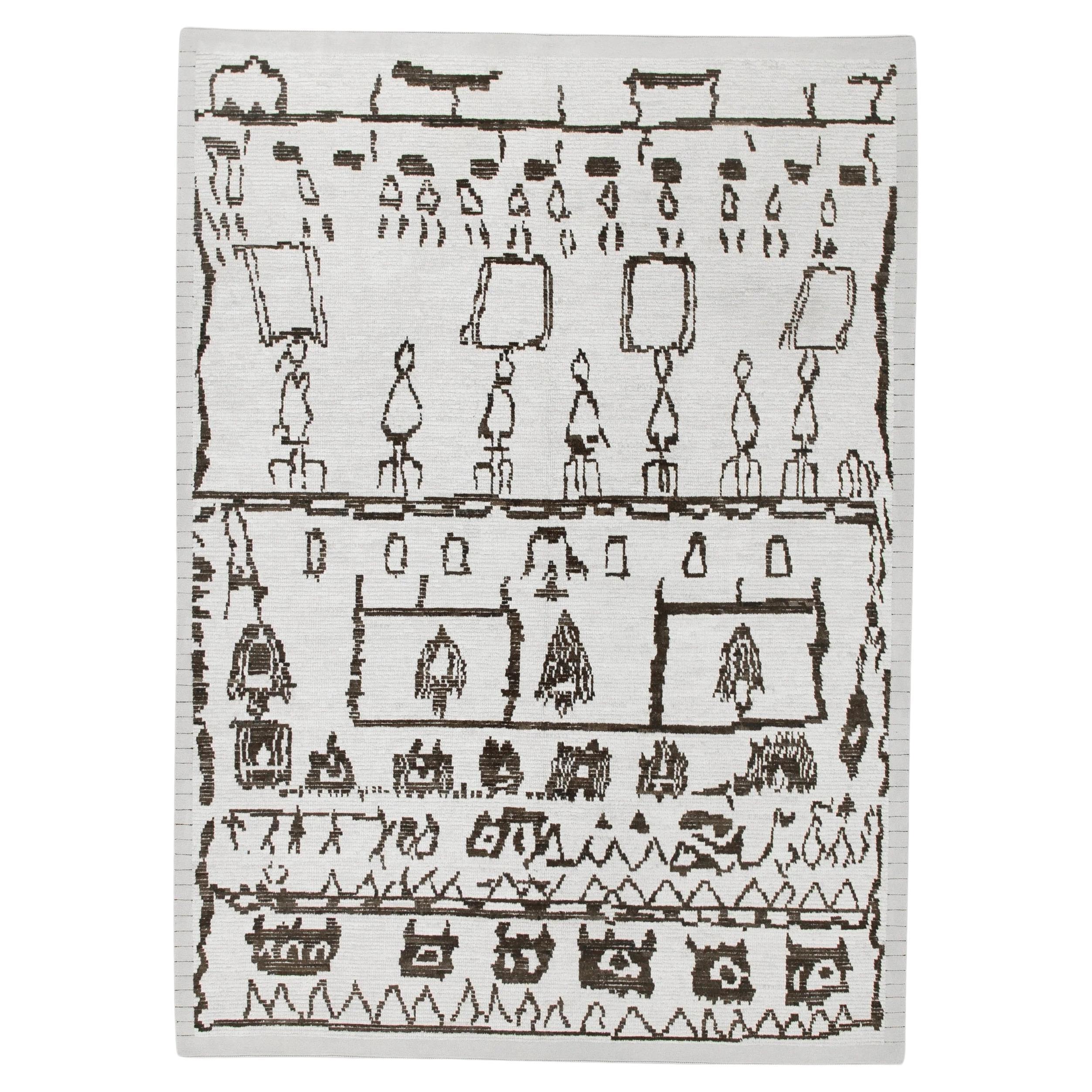White Modern Handmade Wool Tulu Rug in Brown Geometric Design 7'8" X 10'1" For Sale