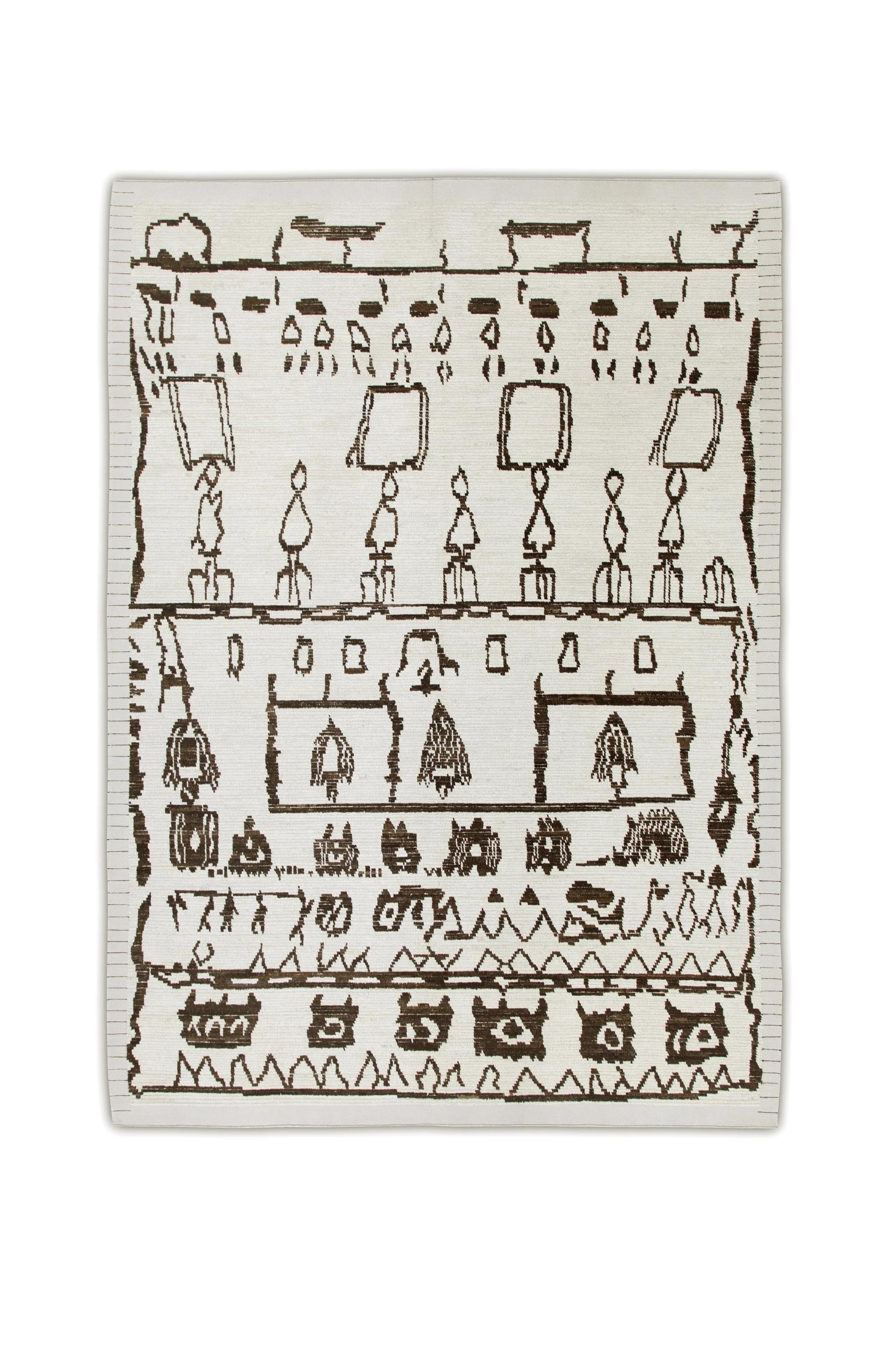 Contemporary White Handmade Wool Tulu Rug in Brown Geometric Design 9' X 12'5