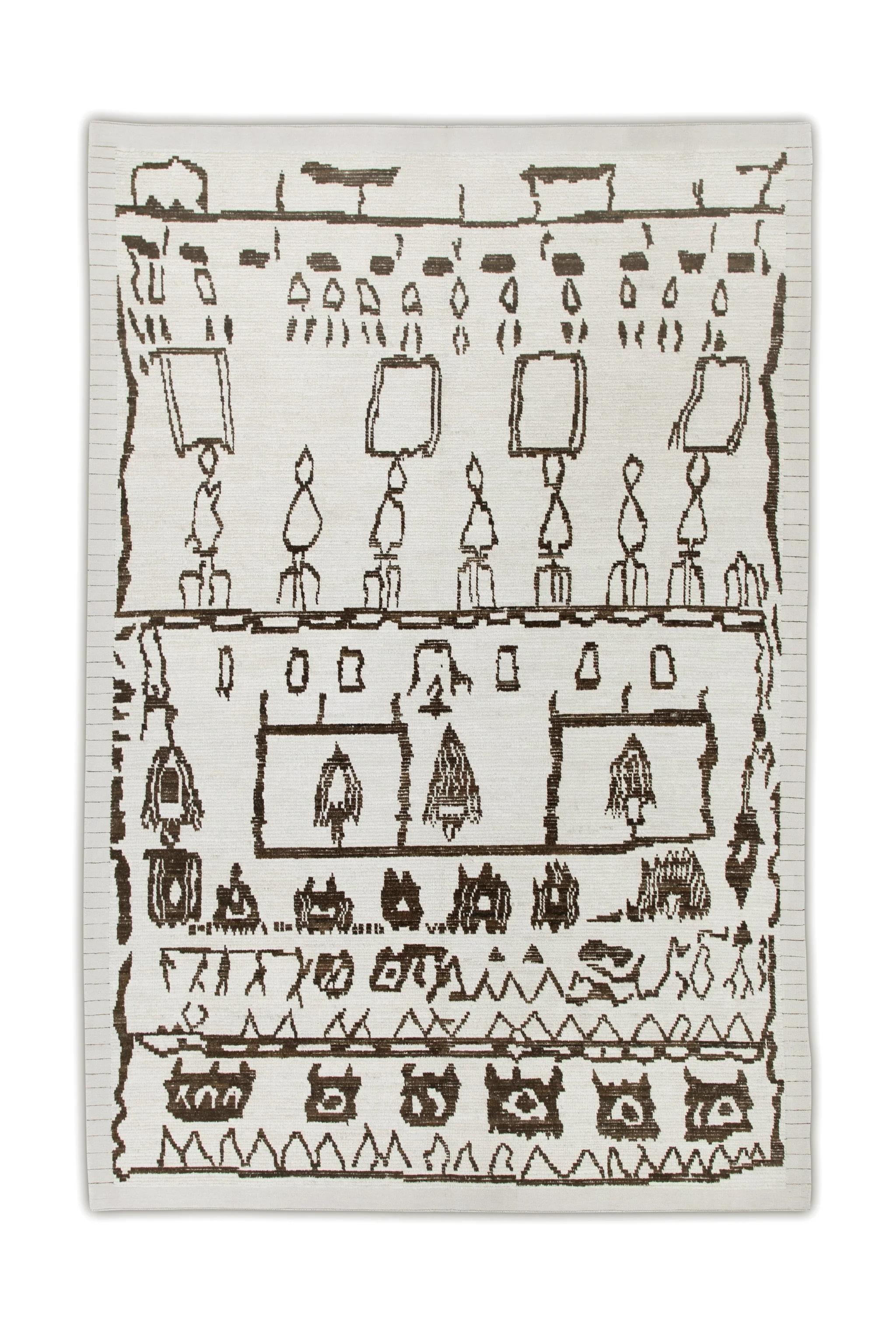 Contemporary White Handmade Wool Tulu Rug in Brown Geometric Design 9'1