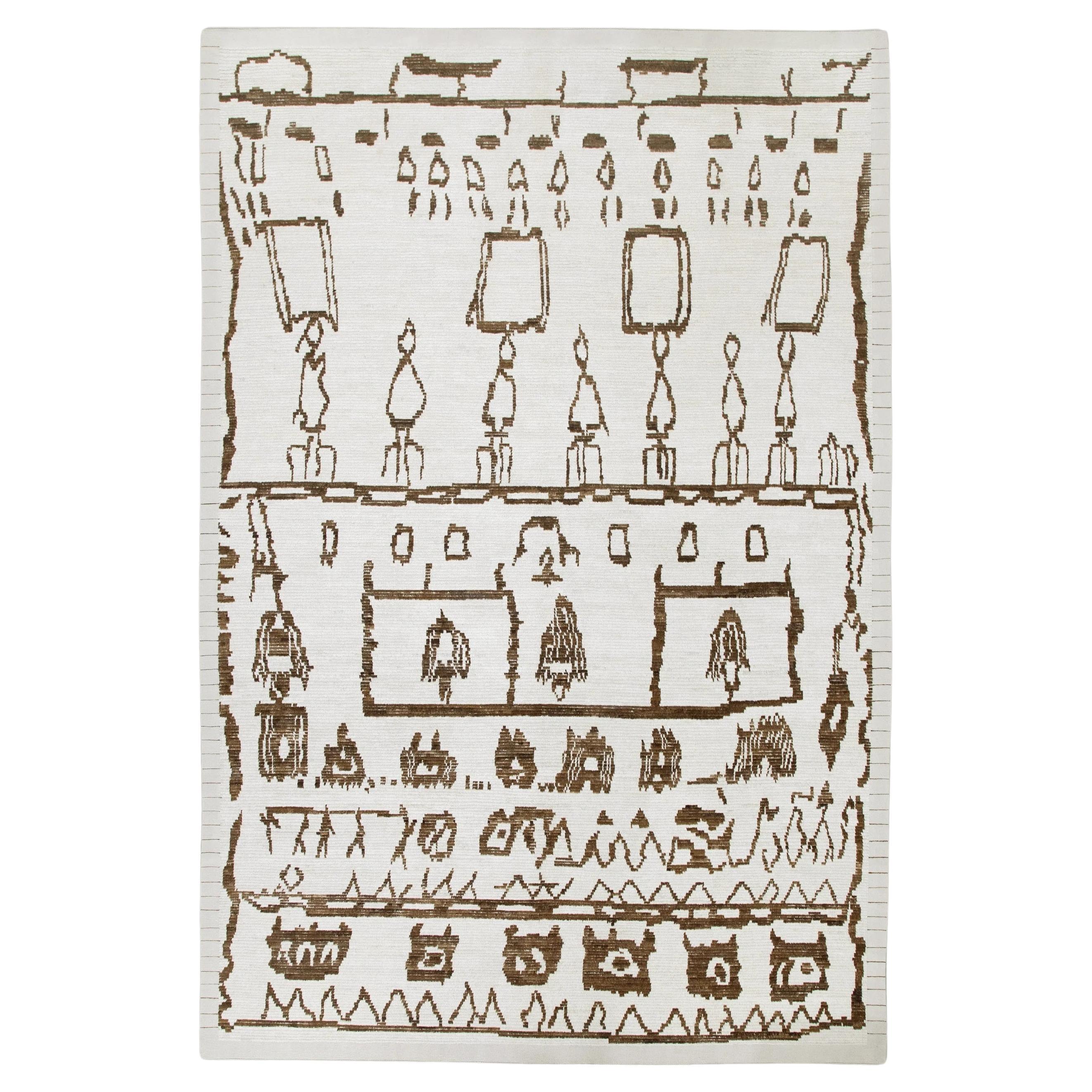 White Handmade Wool Tulu Rug in Brown Geometric Design 9'9" x 14'2" For Sale