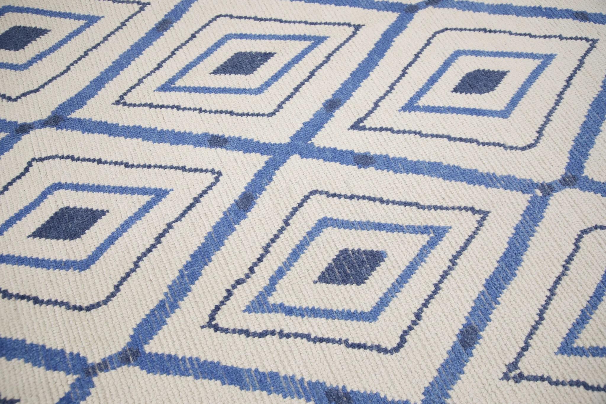 Turkish Blue Geometric Design Modern Handmade Wool Tulu Rug 8'3