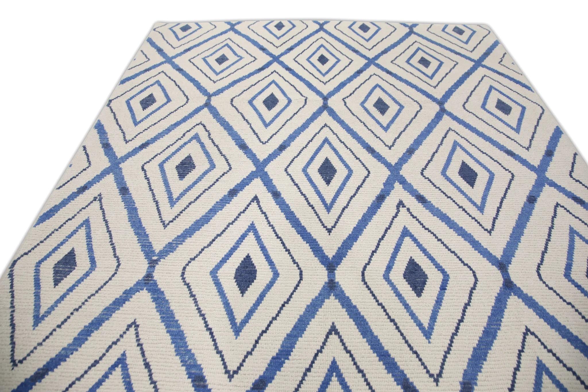Blue Geometric Design Modern Handmade Wool Tulu Rug 8'3