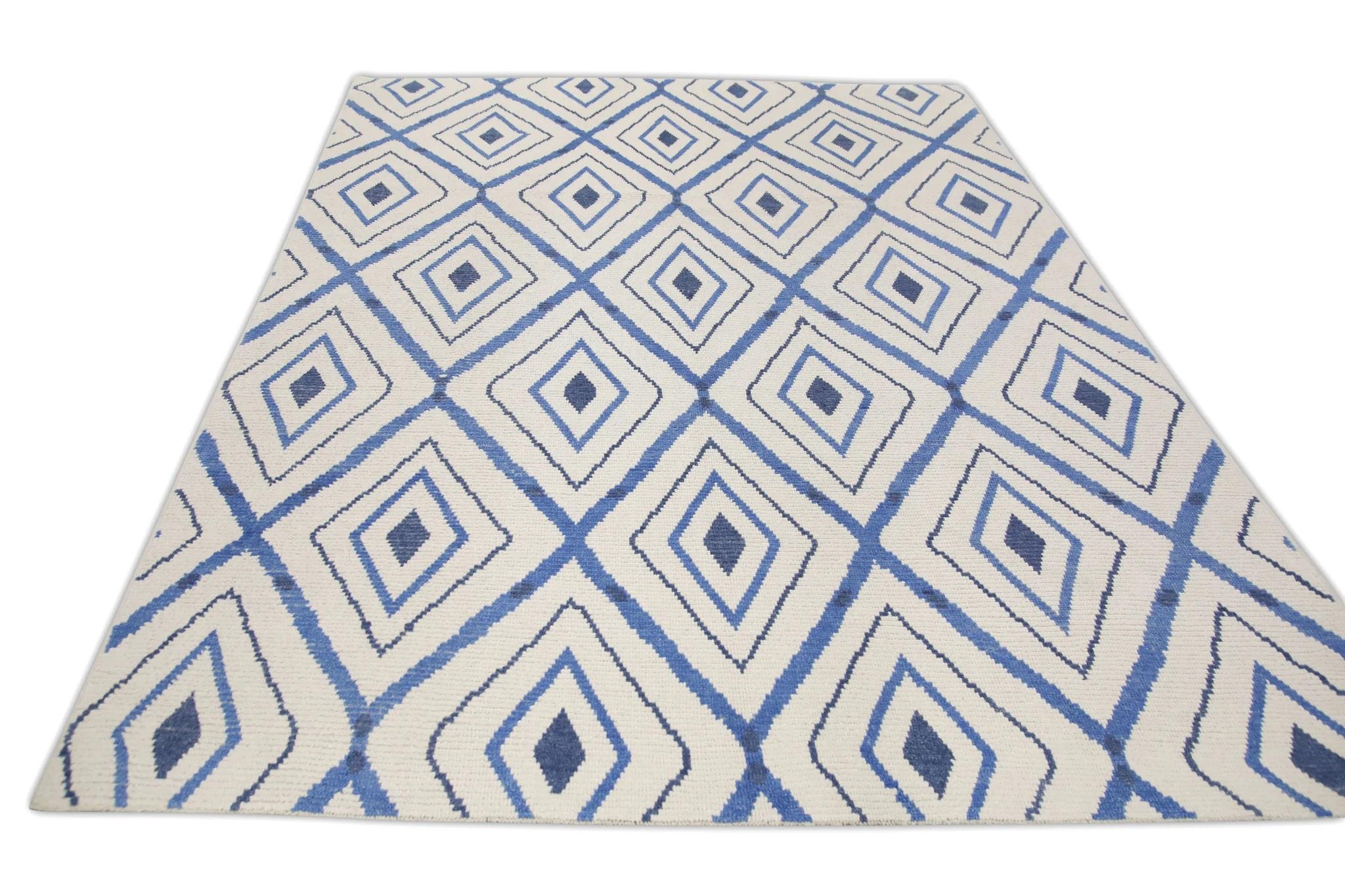 Contemporary Blue Geometric Design Modern Handmade Wool Tulu Rug 8'3
