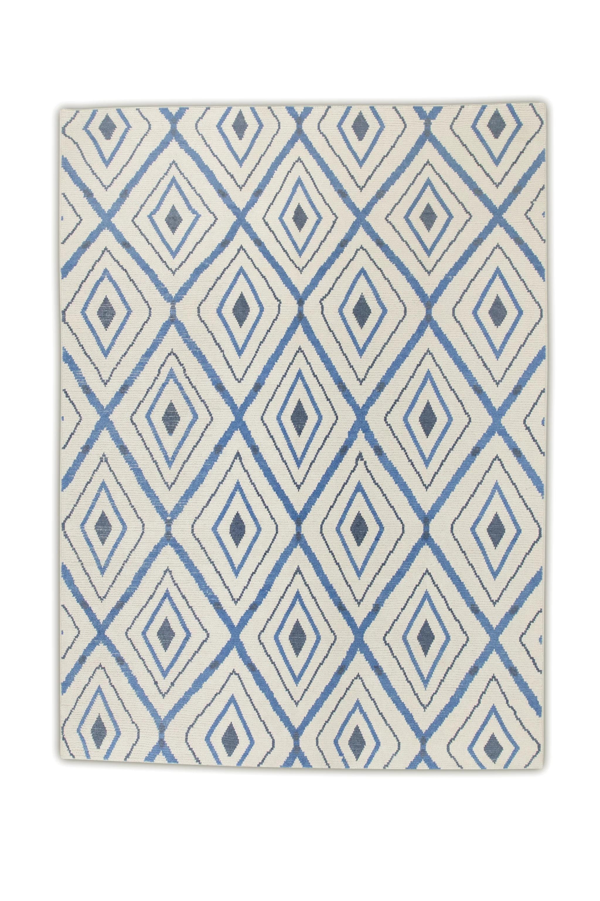 Blue Geometric Design Modern Handmade Wool Tulu Rug 8'3