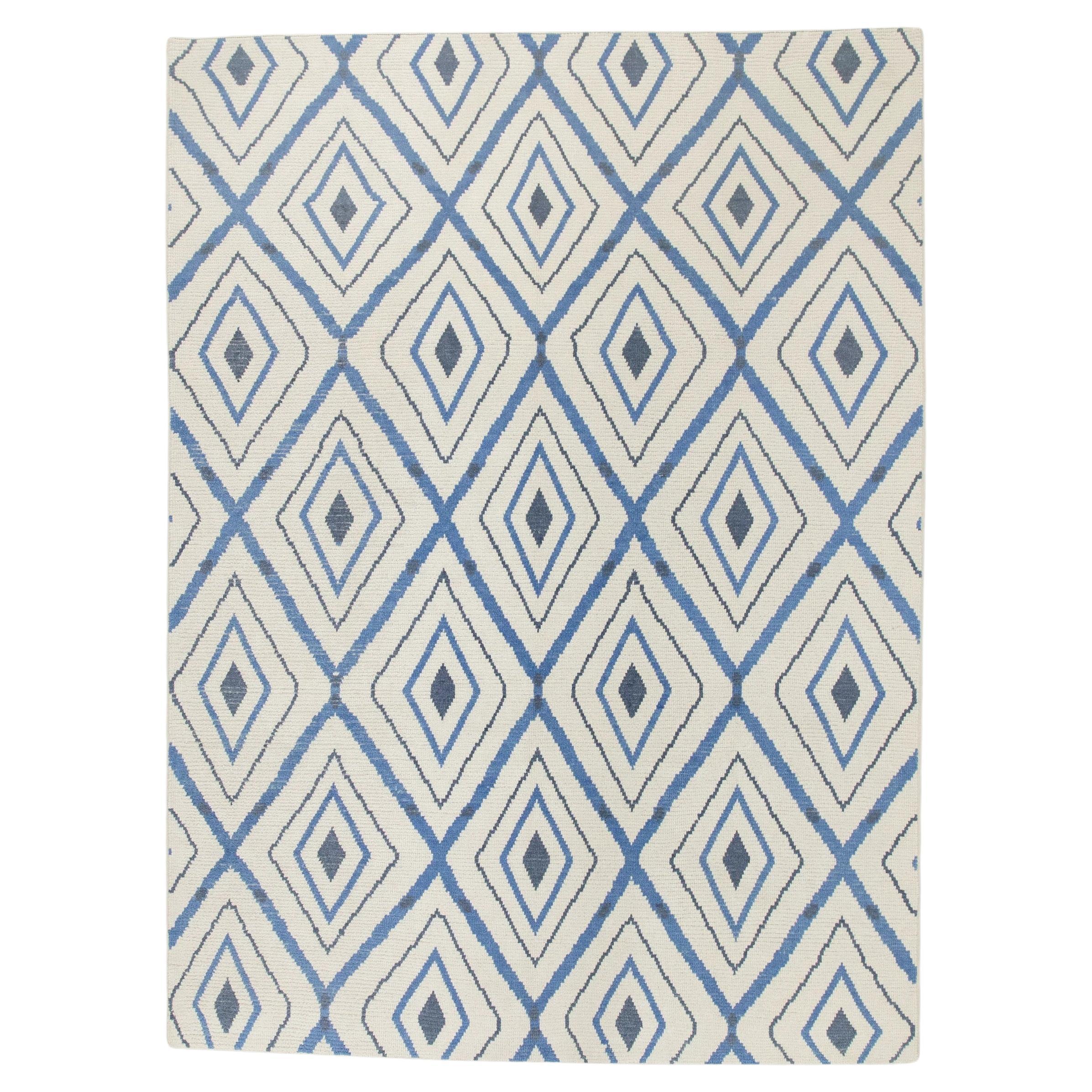 Blue Geometric Design Modern Handmade Wool Tulu Rug 8'3" X 11'3" For Sale