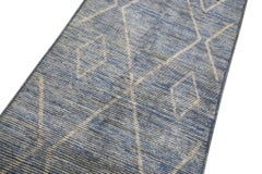 Brown and Blue Geometric Design Modern Handmade Wool Tulu Runner 3'2" X 10'2"