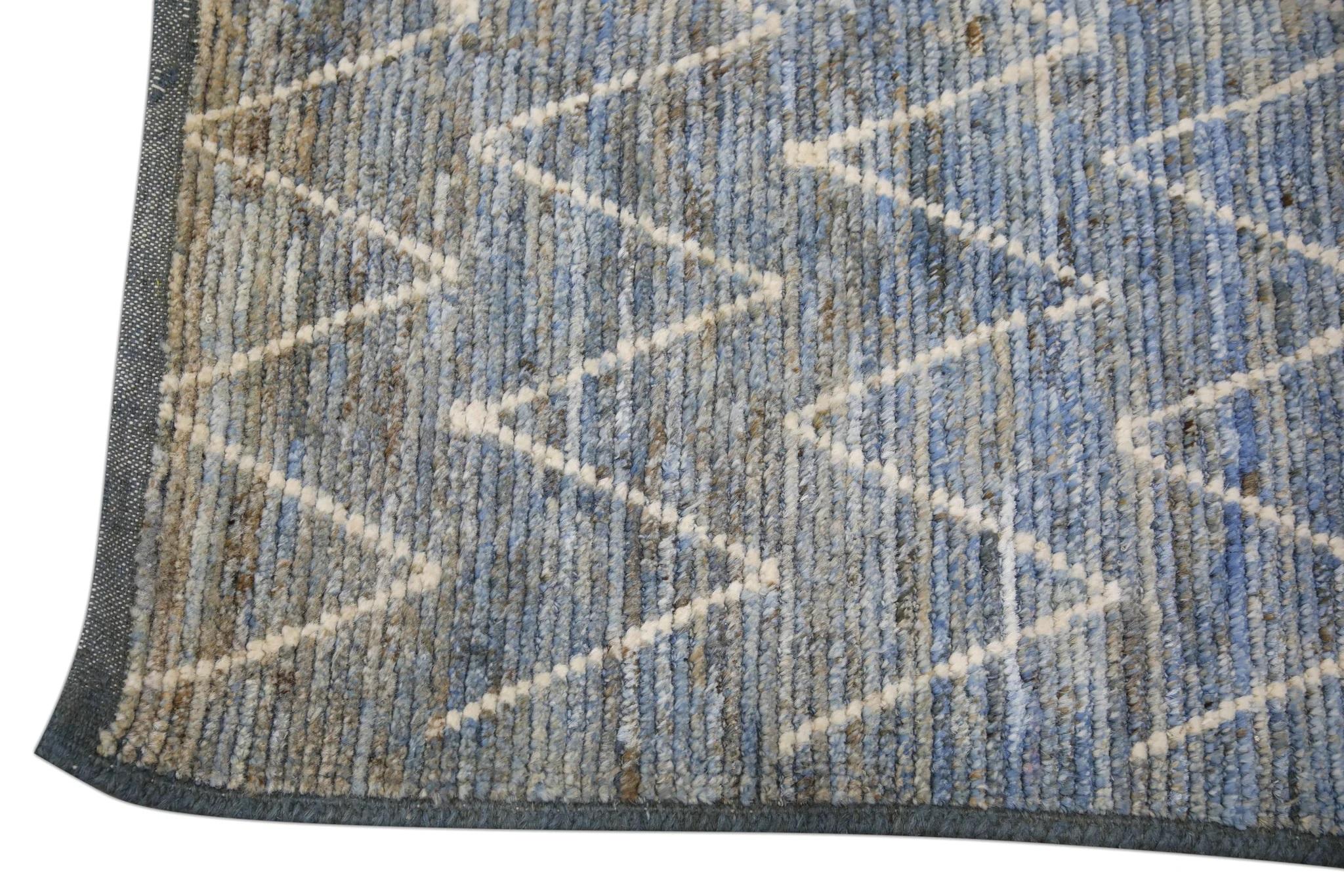 Alfombra Tulu de Lana Marrón y Azul de Diseño Geométrico Moderno Hecho a Mano 2'9