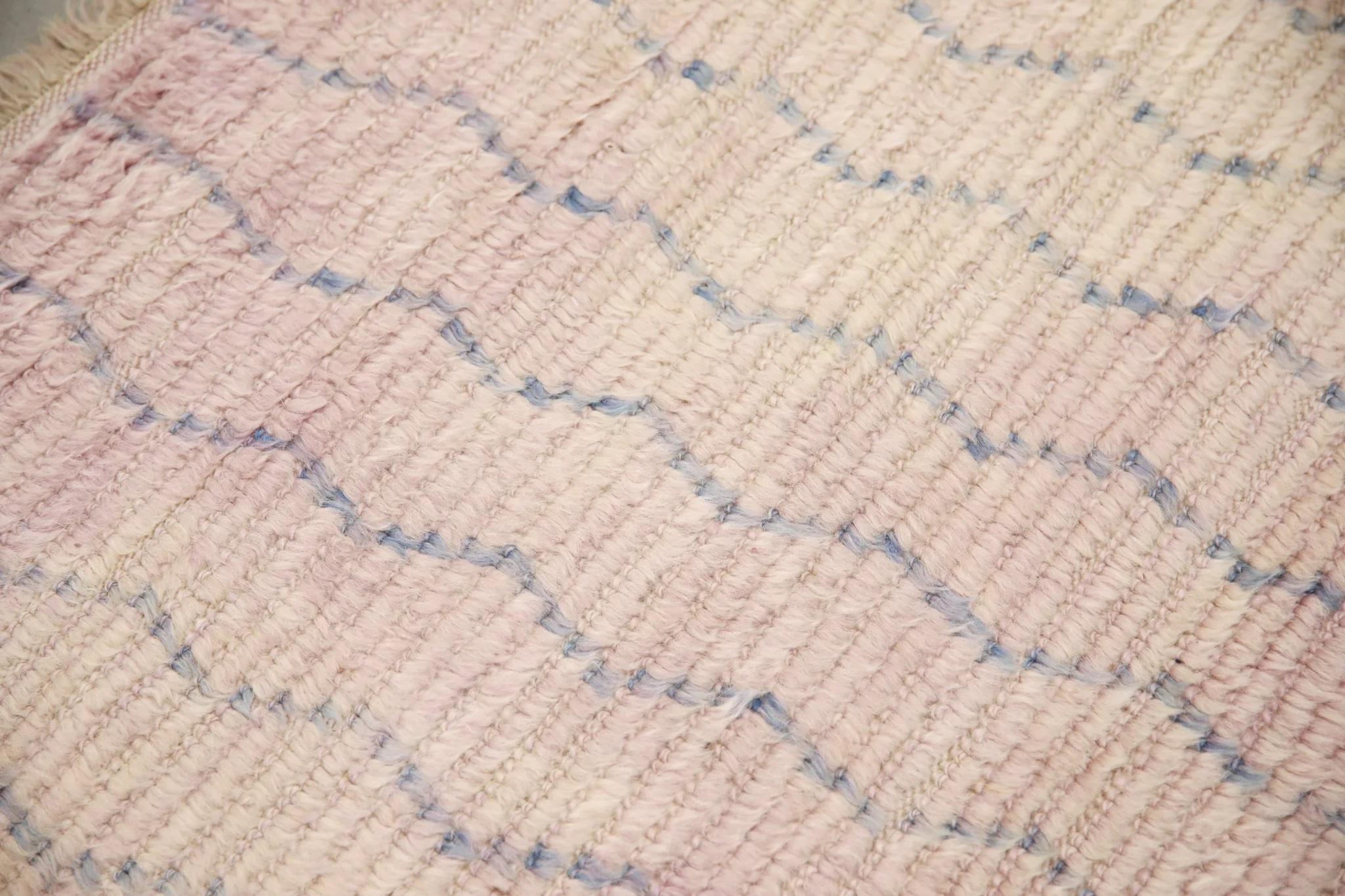 Turkish Modern Handmade Wool Tulu Runner in Pink and Blue Geometric Design 2'11
