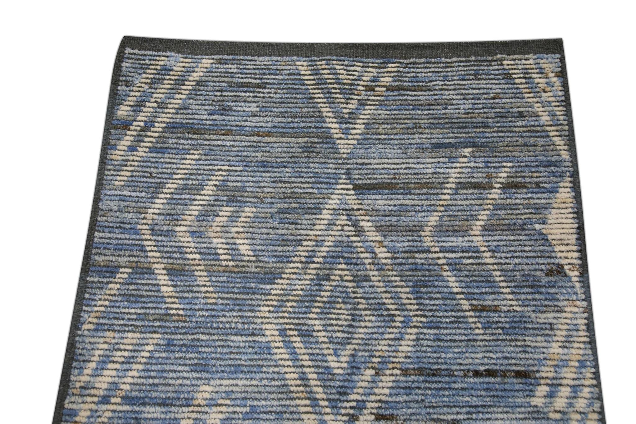 Turkish Brown and Blue Geometric Design Modern Handmade Wool Tulu Runner 2'10