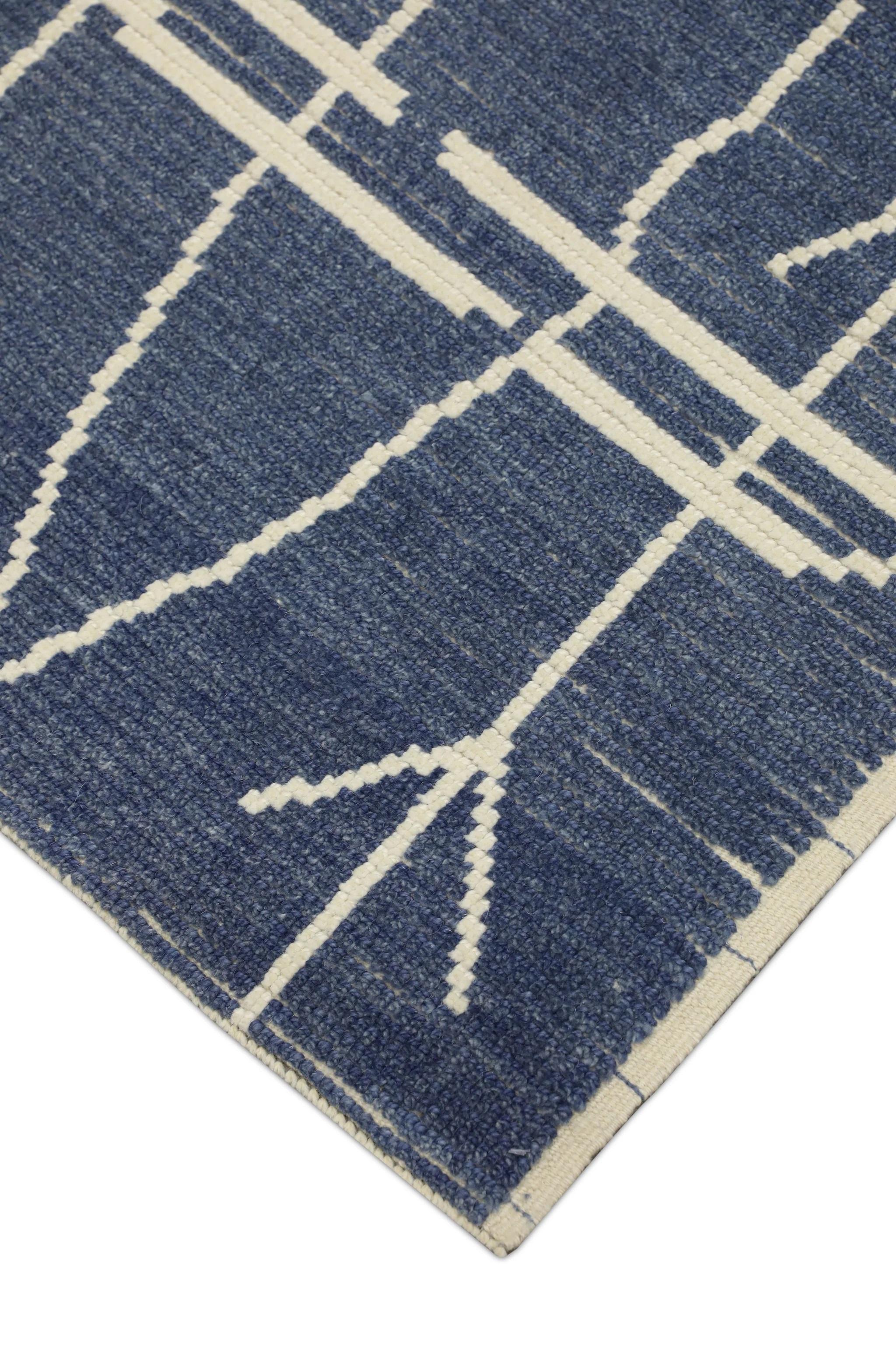 Vegetable Dyed Blue Geometric Design Modern Handmade Wool Tulu Runner 2'10