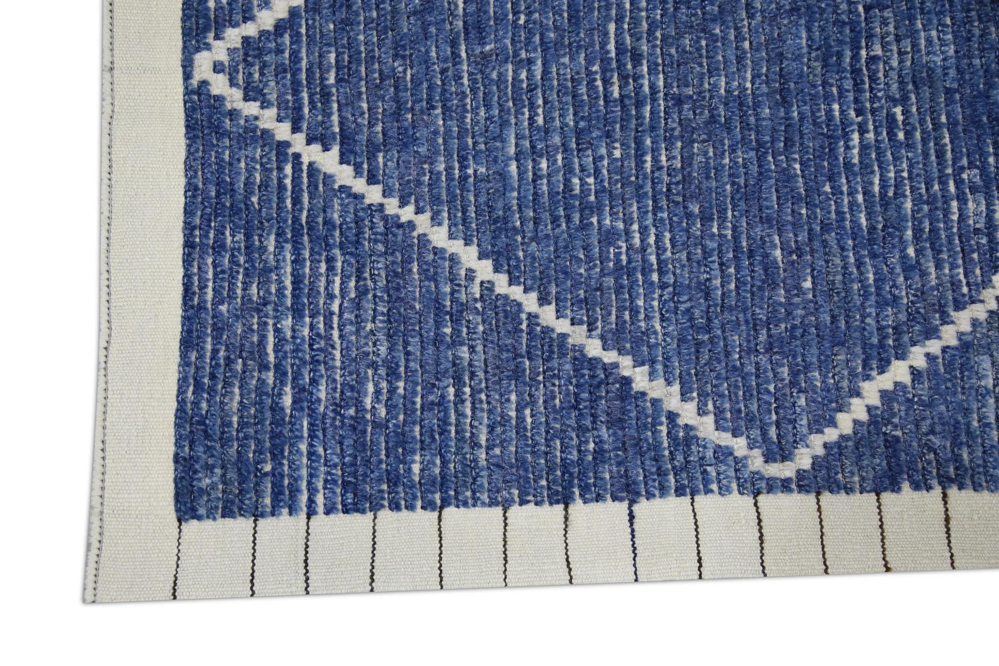 Vegetable Dyed Blue Geometric Design Modern Handmade Wool Tulu Runner 3'1