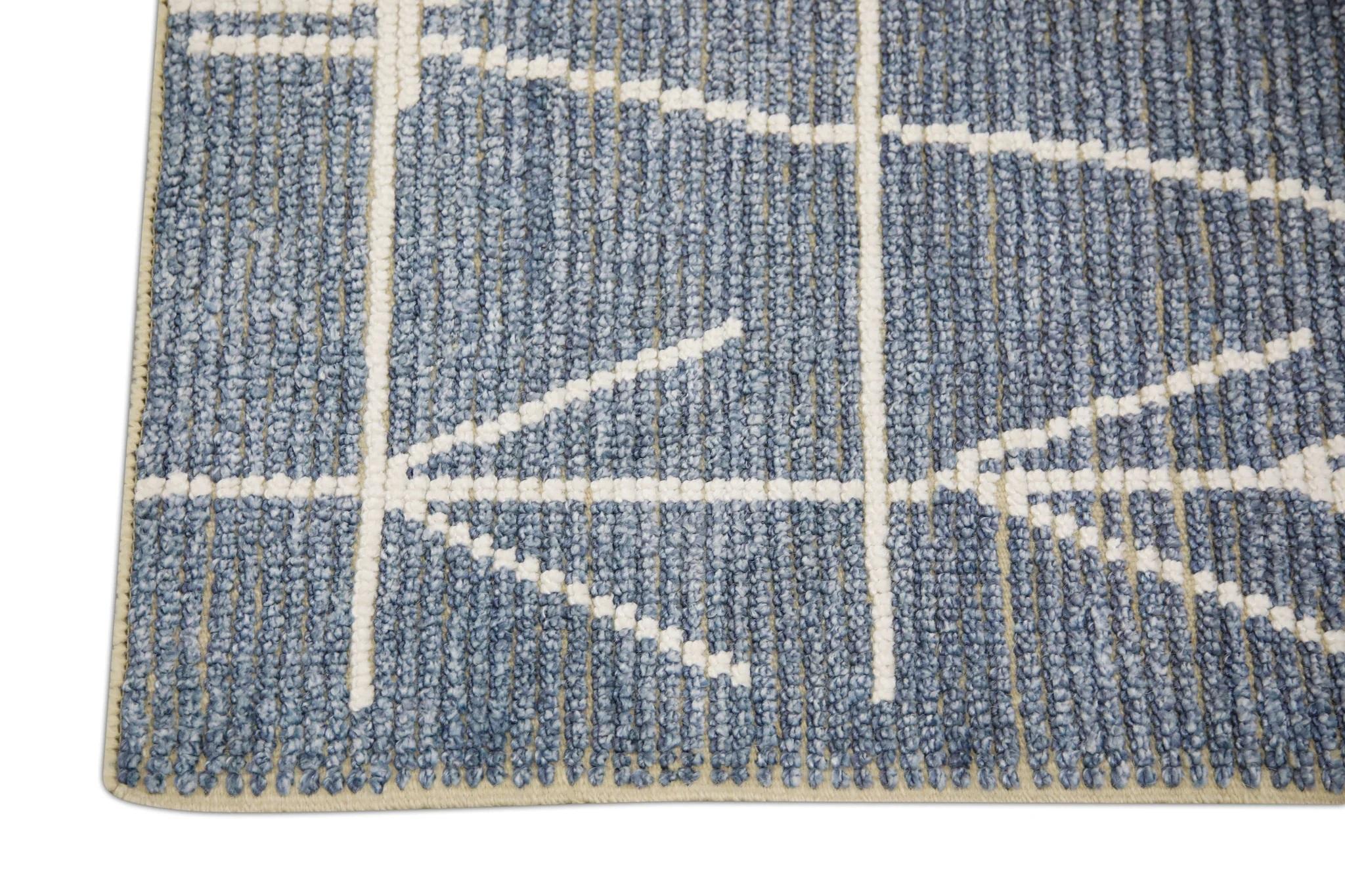 Vegetable Dyed Blue Geometric Design Modern Handmade Wool Tulu Runner 2'9