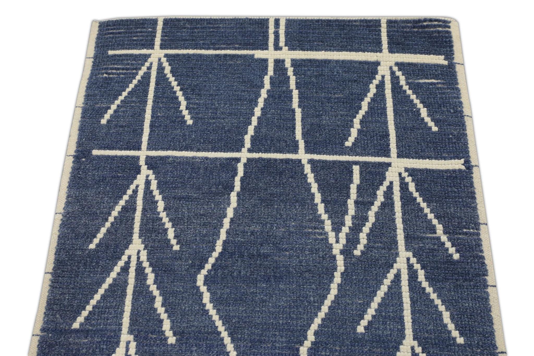 Blue Geometric Design Modern Handmade Wool Tulu Runner 2'10