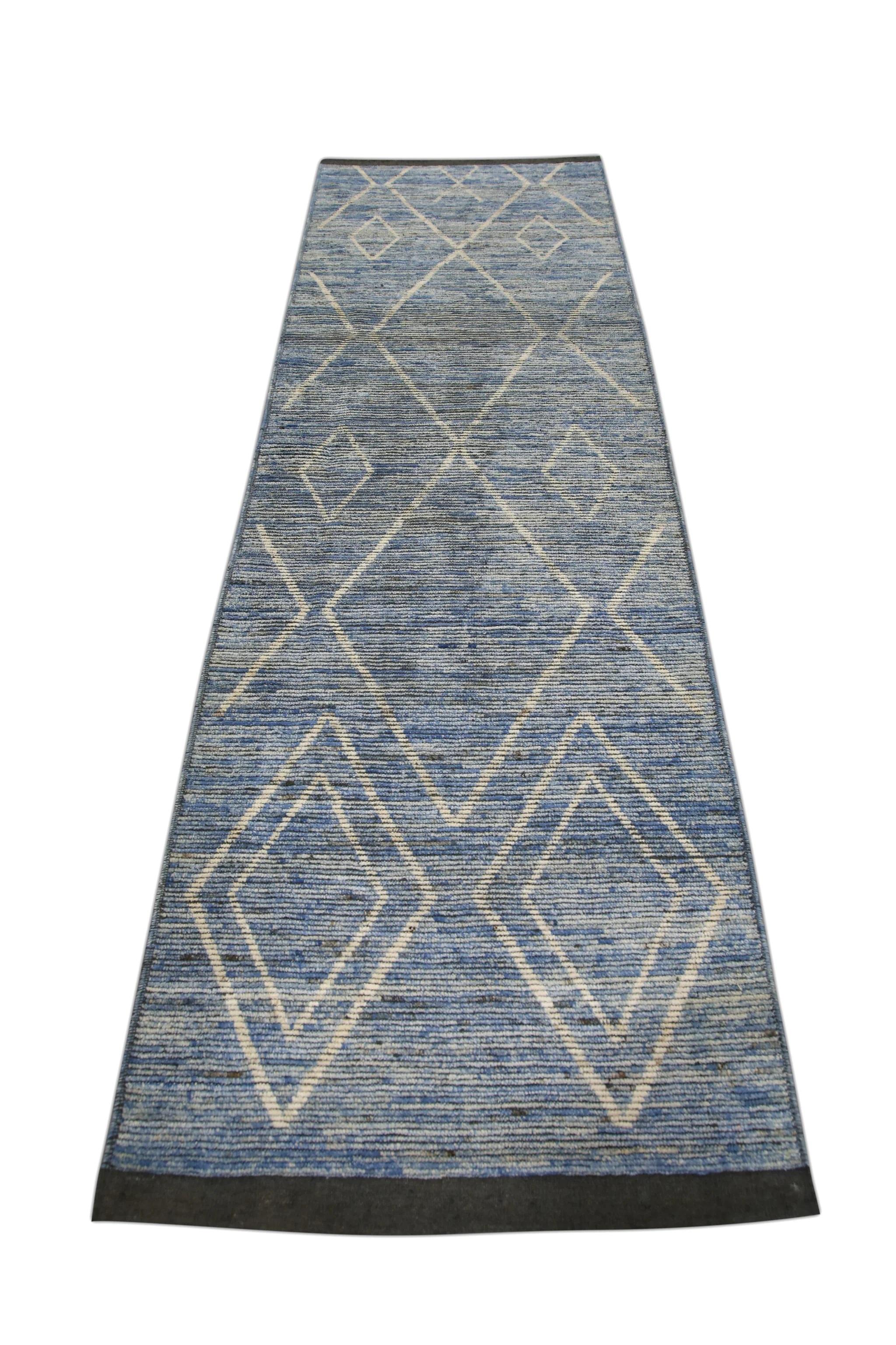 Brown and Blue Geometric Design Modern Handmade Wool Tulu Runner 3'2