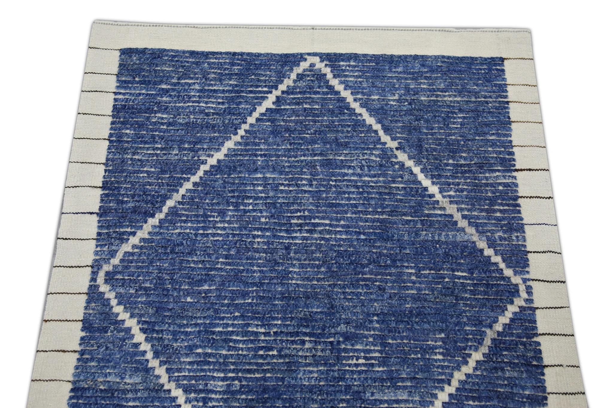 Blue Geometric Design Modern Handmade Wool Tulu Runner 3'1