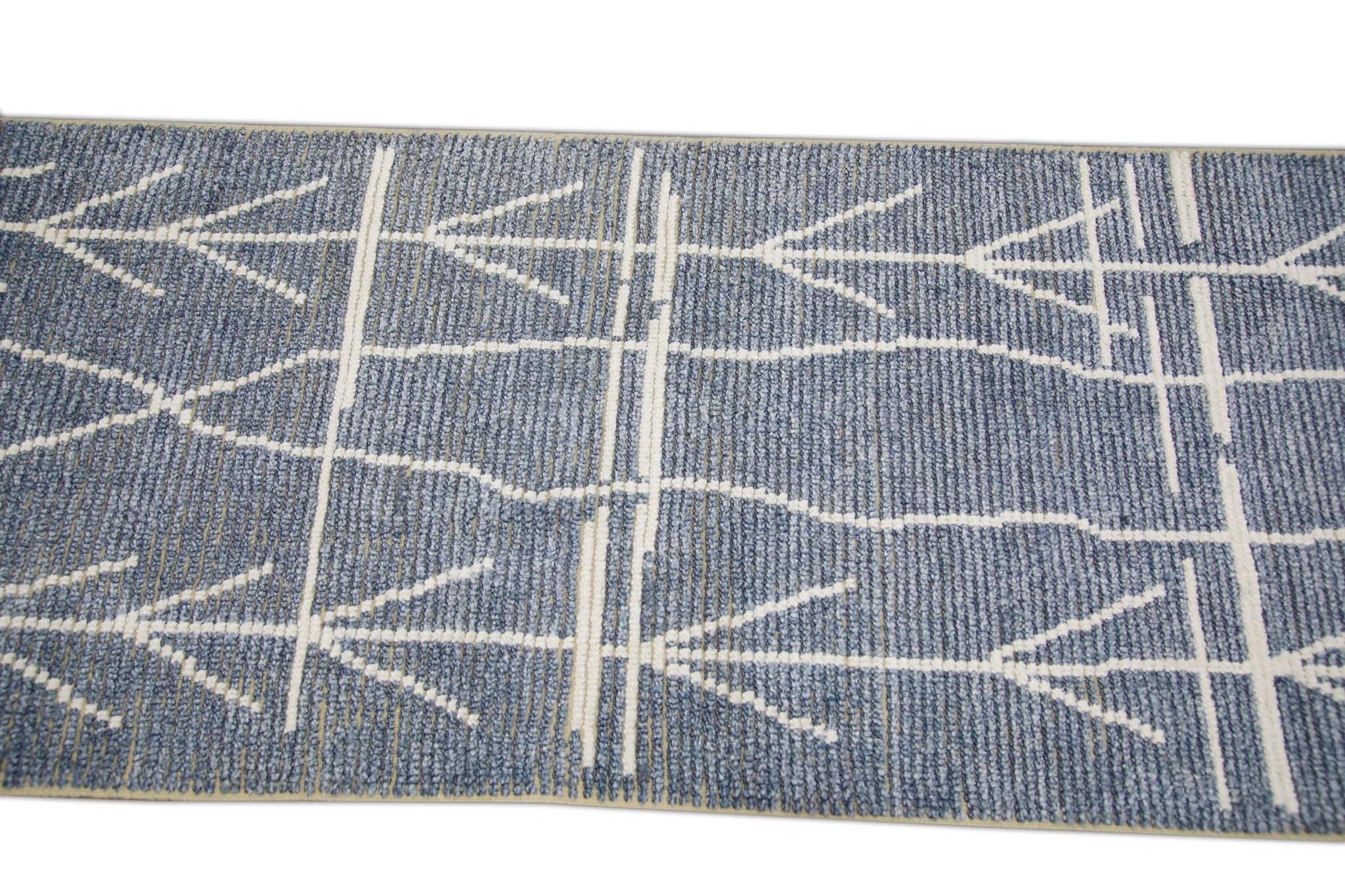 Blue Geometric Design Modern Handmade Wool Tulu Runner 2'9