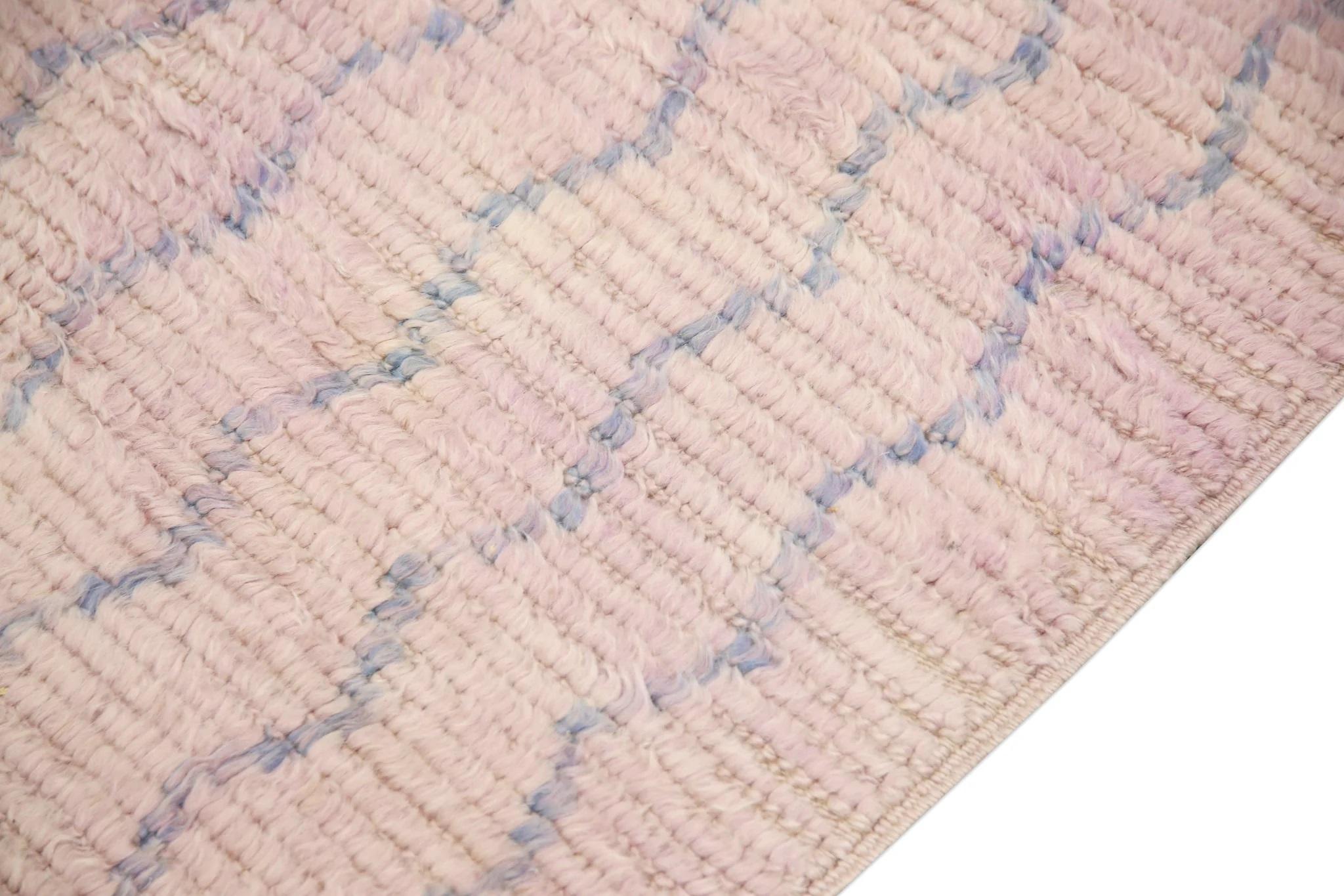 Modern Handmade Wool Tulu Runner in Pink and Blue Geometric Design 2'11