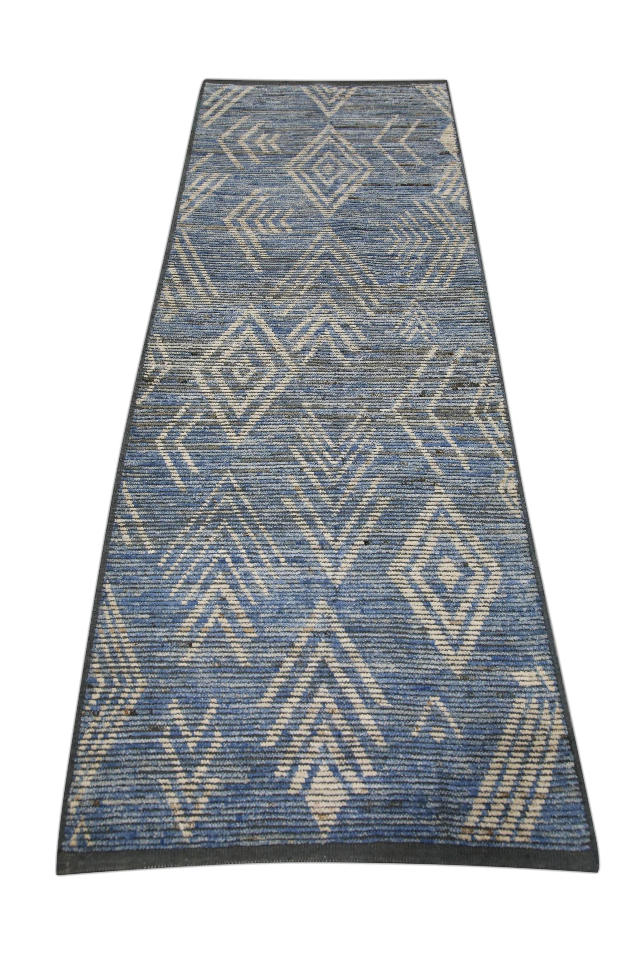 Brown and Blue Geometric Design Modern Handmade Wool Tulu Runner 2'10