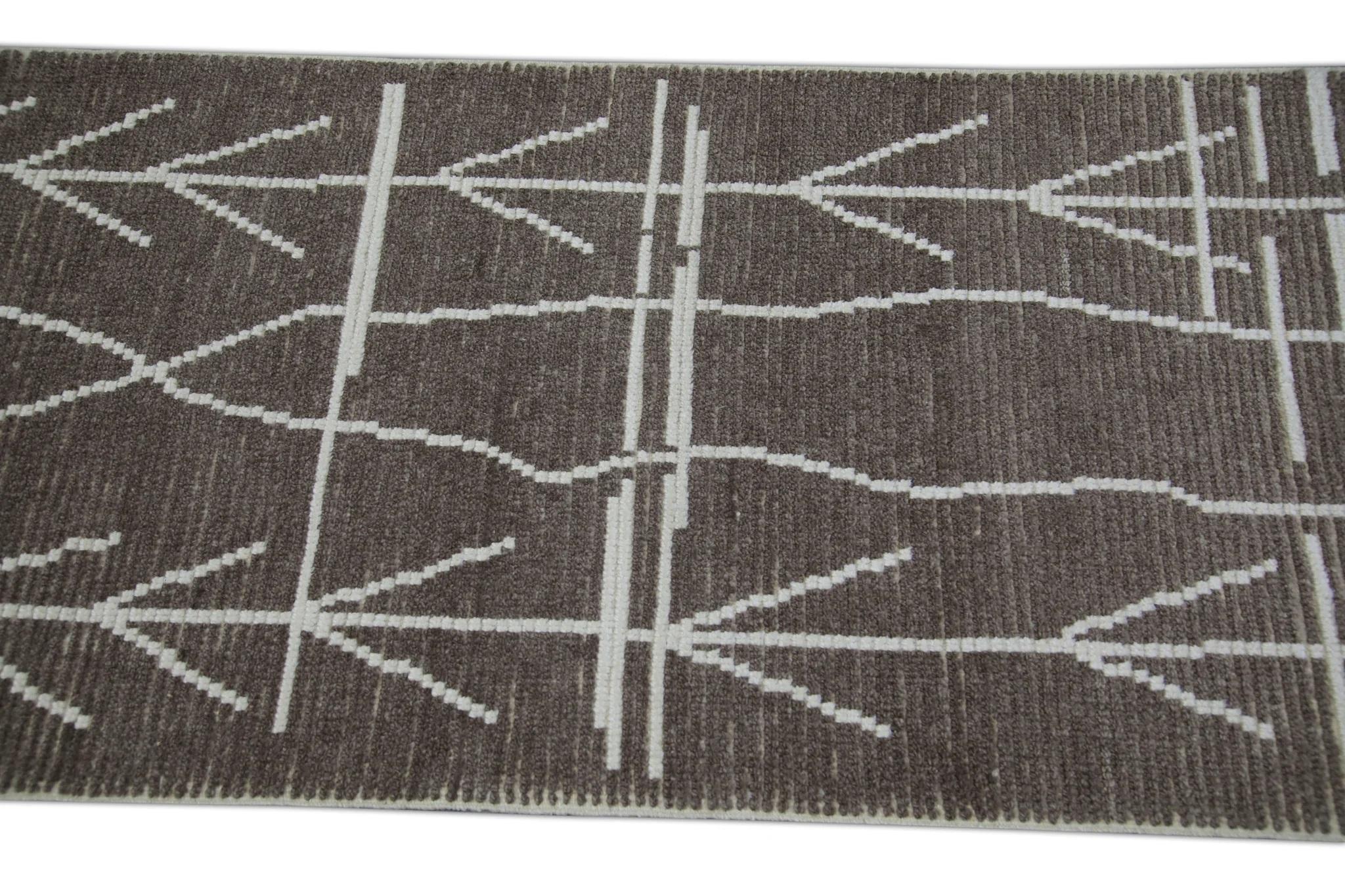 Brown Modern Handmade Wool Tulu Runner in Geometric Design 2'10