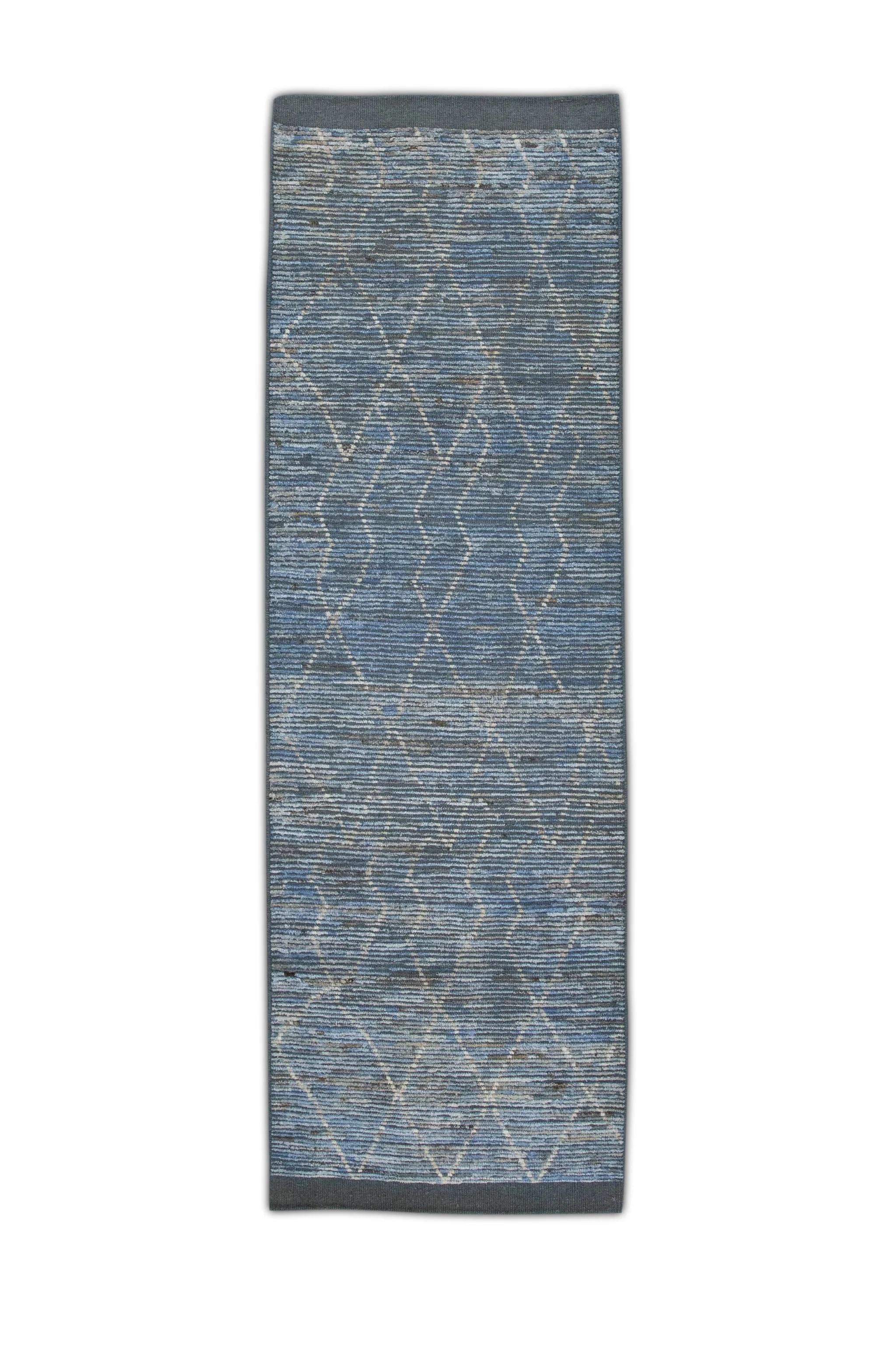 Runner Tulu in lana marrone e blu con design geometrico moderno fatto a mano 2'9