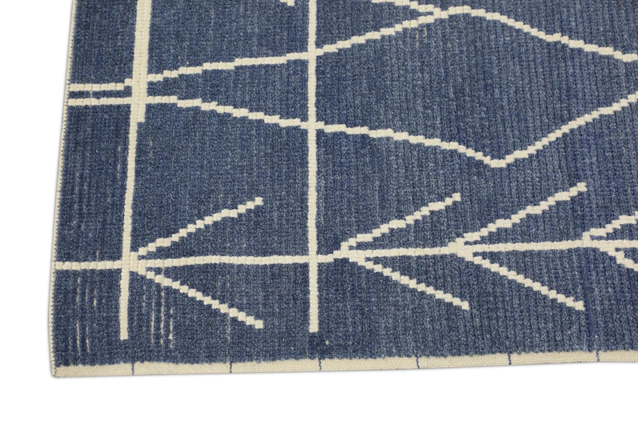 Contemporary Blue Geometric Design Modern Handmade Wool Tulu Runner 2'10
