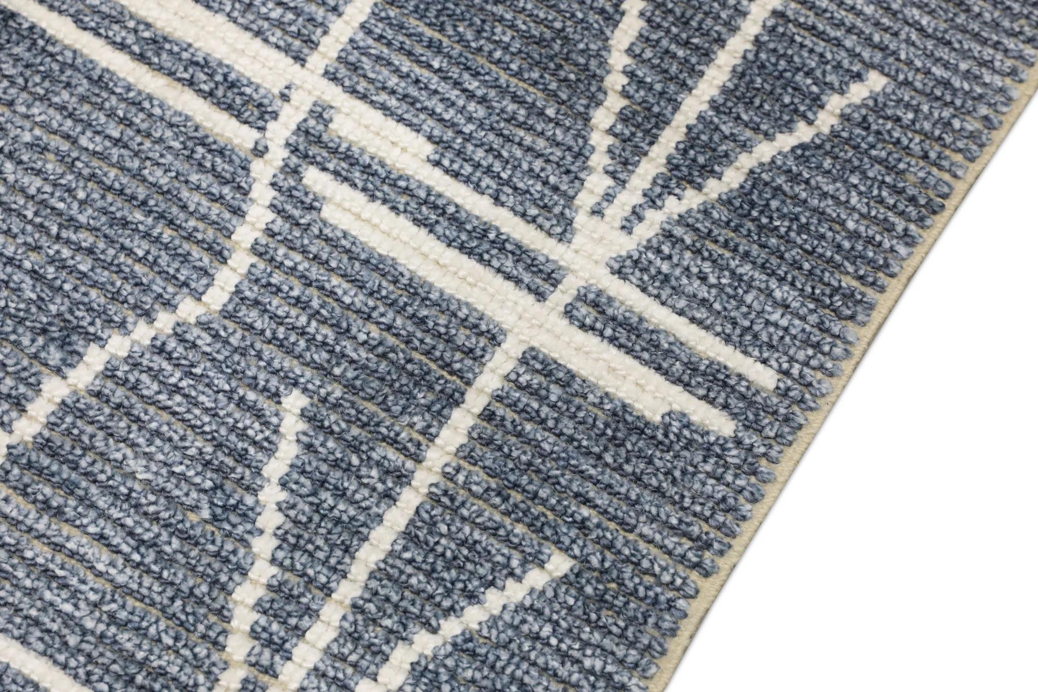 Contemporary Blue Geometric Design Modern Handmade Wool Tulu Runner 2'10