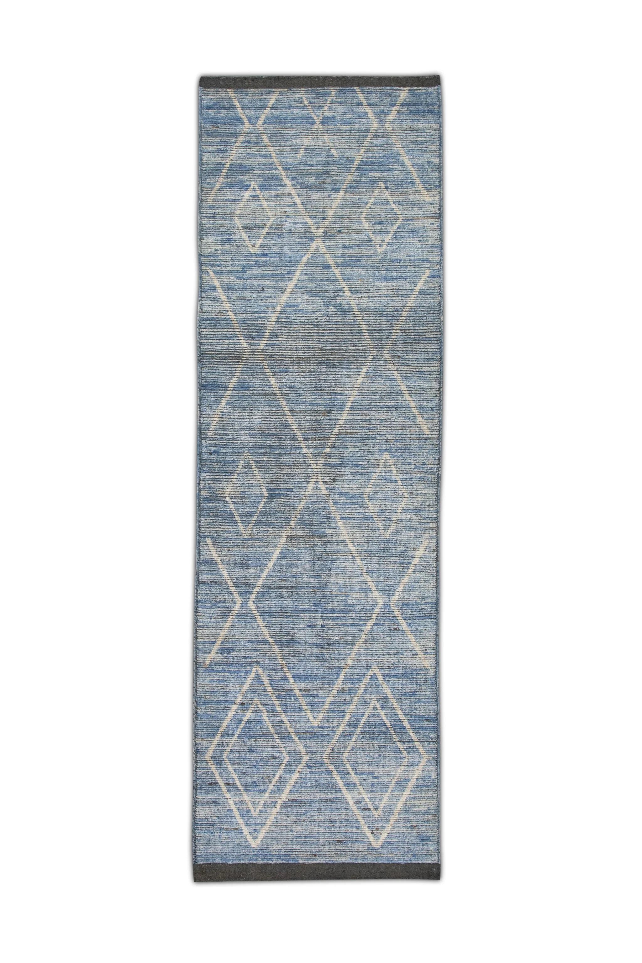 Contemporary Brown and Blue Geometric Design Modern Handmade Wool Tulu Runner 3'2