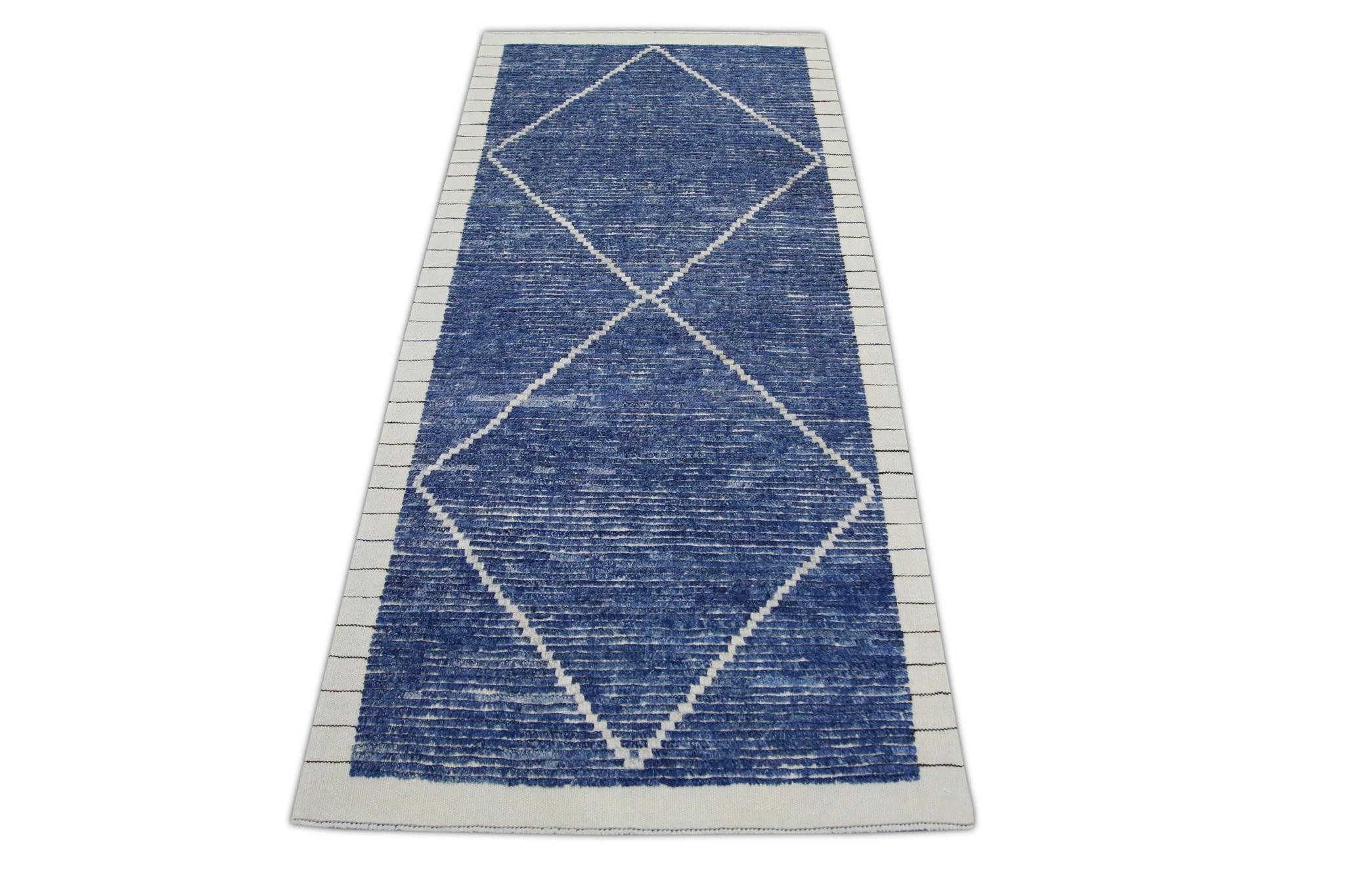 Contemporary Blue Geometric Design Modern Handmade Wool Tulu Runner 3'1