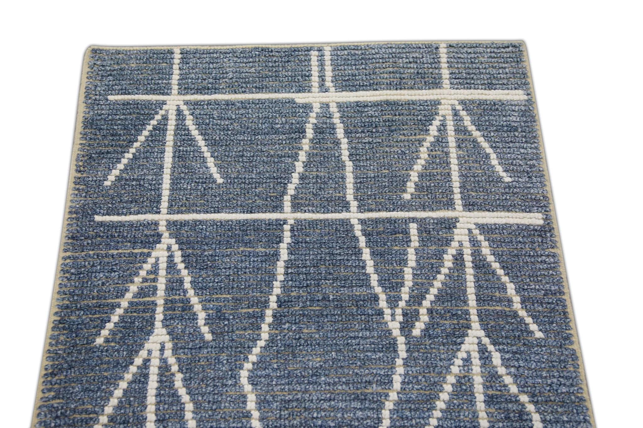 Contemporary Blue Geometric Design Modern Handmade Wool Tulu Runner 2'9
