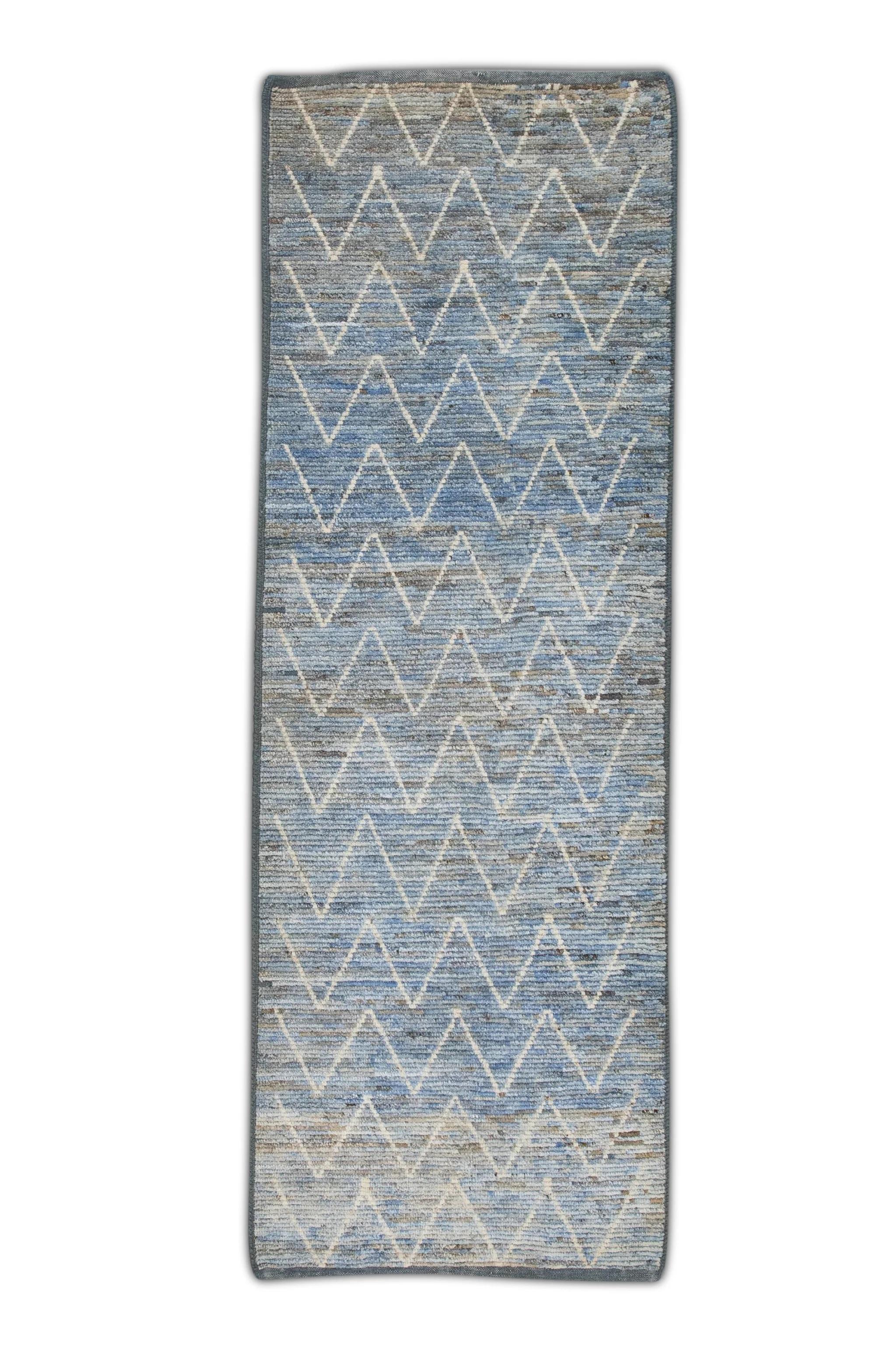 Alfombra Tulu de Lana Marrón y Azul de Diseño Geométrico Moderno Hecho a Mano 2'9