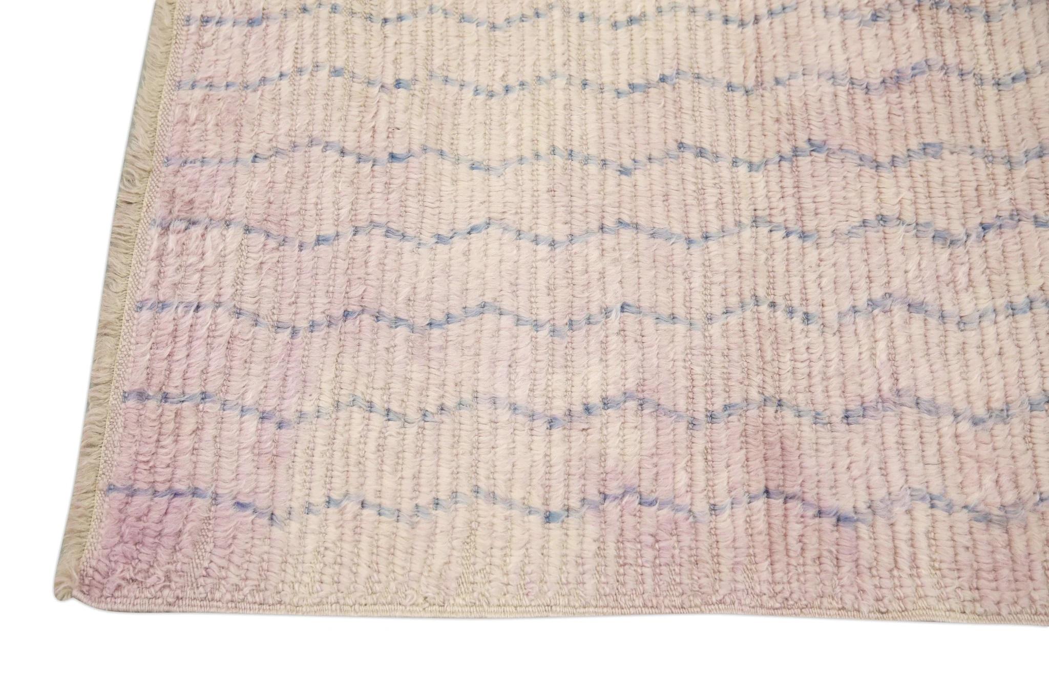 Contemporary Modern Handmade Wool Tulu Runner in Pink and Blue Geometric Design 2'11