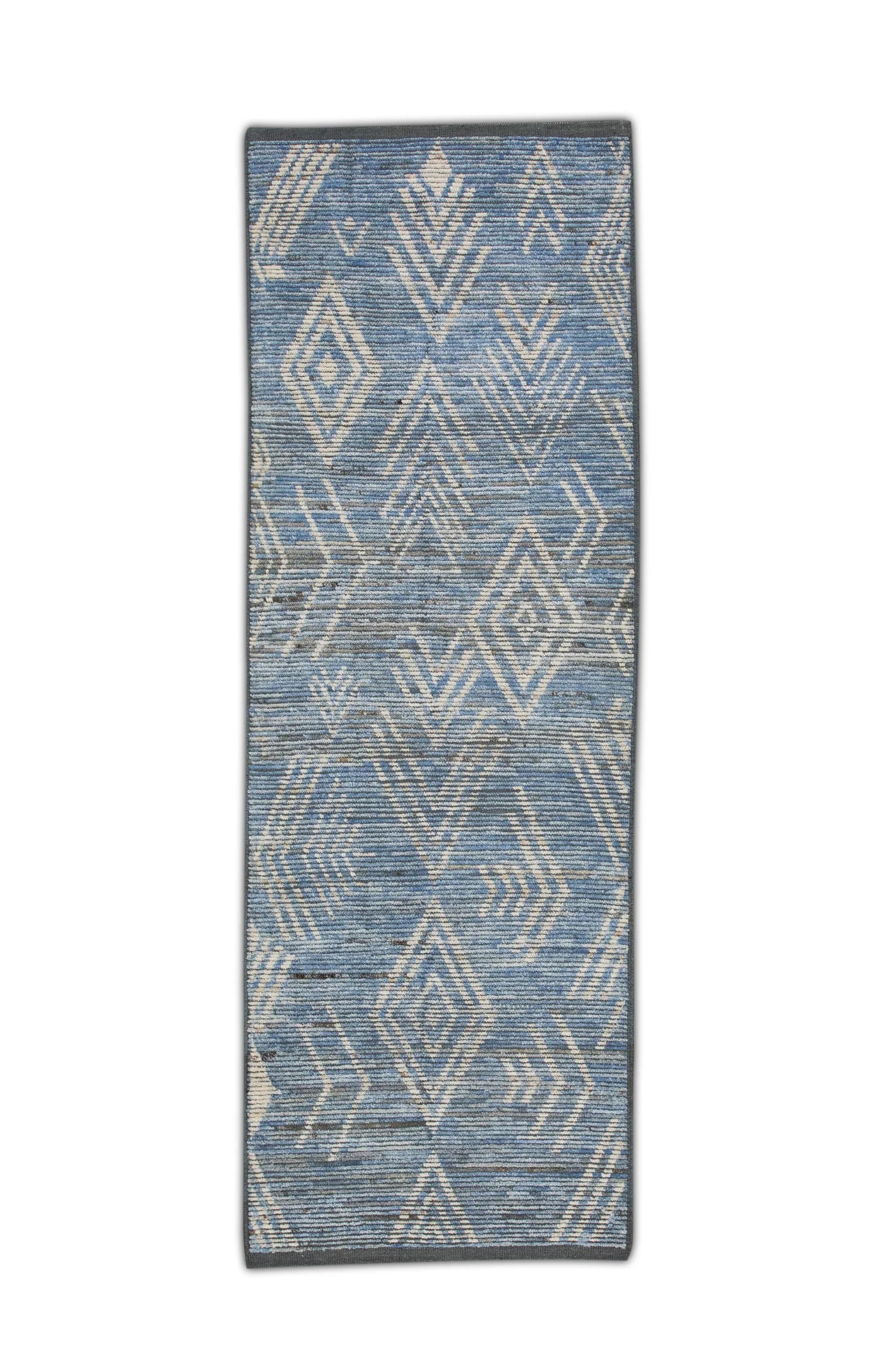 Contemporary Brown and Blue Geometric Design Modern Handmade Wool Tulu Runner 2'10
